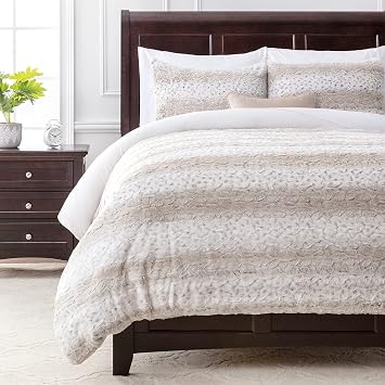 Chanasya Premium Faux Fur Duvet Cover Set - Faux Fur & Minky Blanket Duvet Cover 90 x 90 & 2 Pillow Shams 20 x 26 - 3-Piece Set, Lynx Beige, Queen
