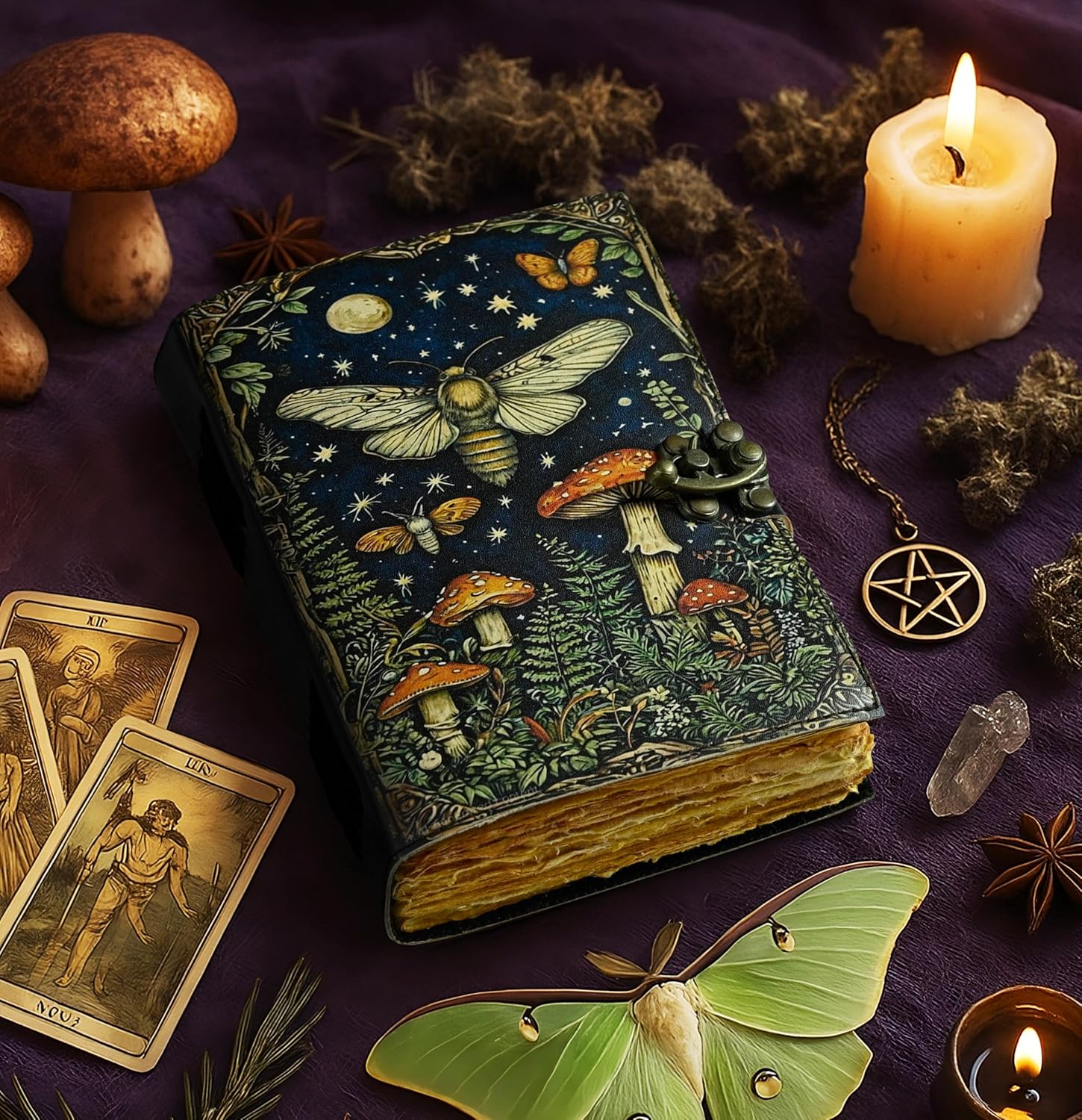 Urooj Handicraft Grimoire Vintage Mushroom leather journal, Handmade Antique Deckle Edge Paper Spell Book of Shadows Sketchbook Gifts