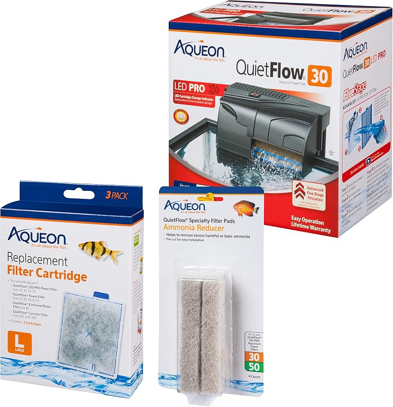 Aquarium Filter Kit w/Media (4 Month Supply), Up to 45 Gallons | Fish tank filter with five-stage filtration, filter cartridge, activated carbon, self-priming after power interruptions