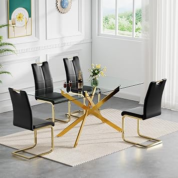 Glass Dining Table Set for 4, Modern 60.6" Dining Room Table Set for 4, Gold X-Shape Pedestal Glass Table with 4pcs Black Dining Chairs, 5 Piece Dining Set for Kitchen Living Room
