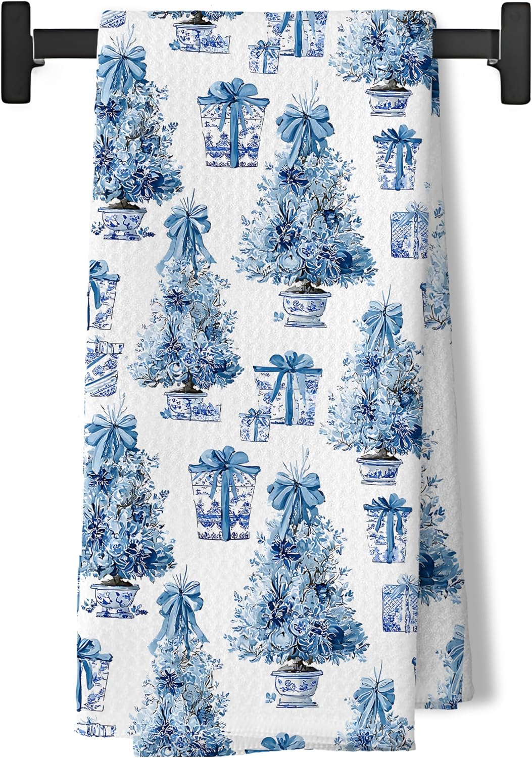Chinoiserie Christmas Tree Kitchen Dish Tea Towels, Grandmillennial Christmas Tree Gift Box Decorative Hand Towels for Bathroom Kitchen, Grand Millenial Blue and White Bathroom Decor, 16x24 Inch