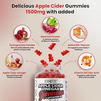 Apple Cider Vinegar Gummies, 1500mg ACV Gummies with Vitamin B, Chromium and Pomegranate | Non-GMO, Gluten-Free & Gelatine-Free | Juicy Apple Flavour | Vegan 60 Gummies (30 Servings)