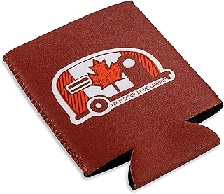 Camco Life is Better at The Campsite Cozie Can Cooler | Features Unique Canadian Flag Mini Camper/RV Themed Design & Soft Neoprene Material | Fits 12oz Cans (53373)