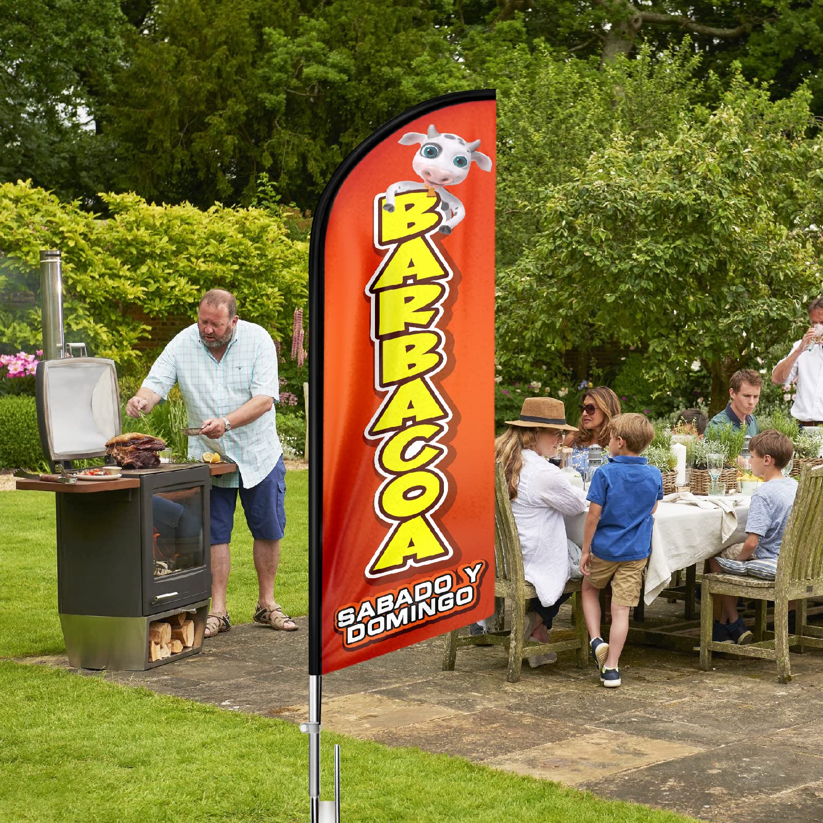 Drapeau plume Barbacoa 3,3m sans vent pour restaurant et signalétique extérieure