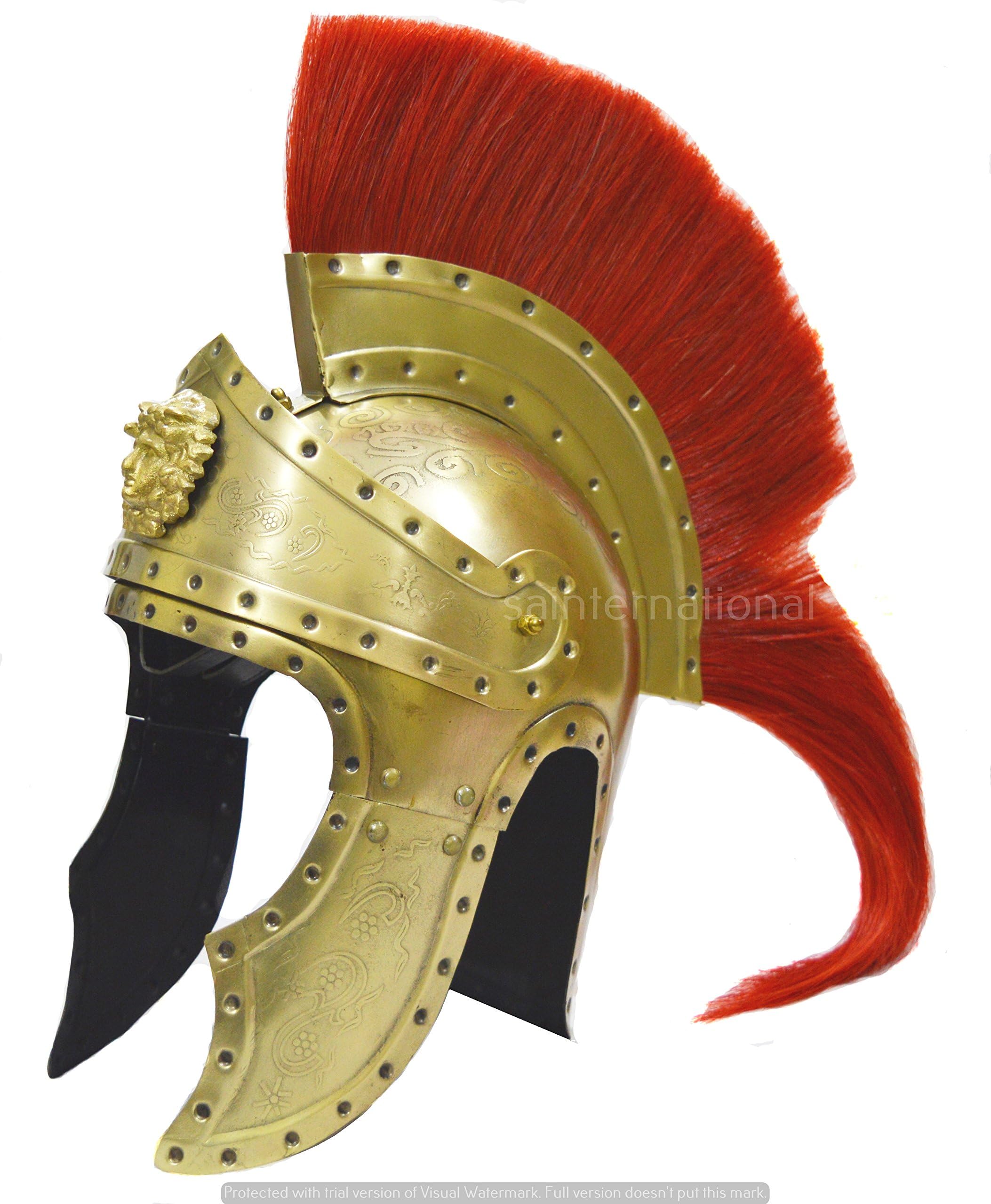 Helmet-Brass Plated Greek Corinthian Helmet-Medieval Knight Helmet with Red Long Plum New Replica