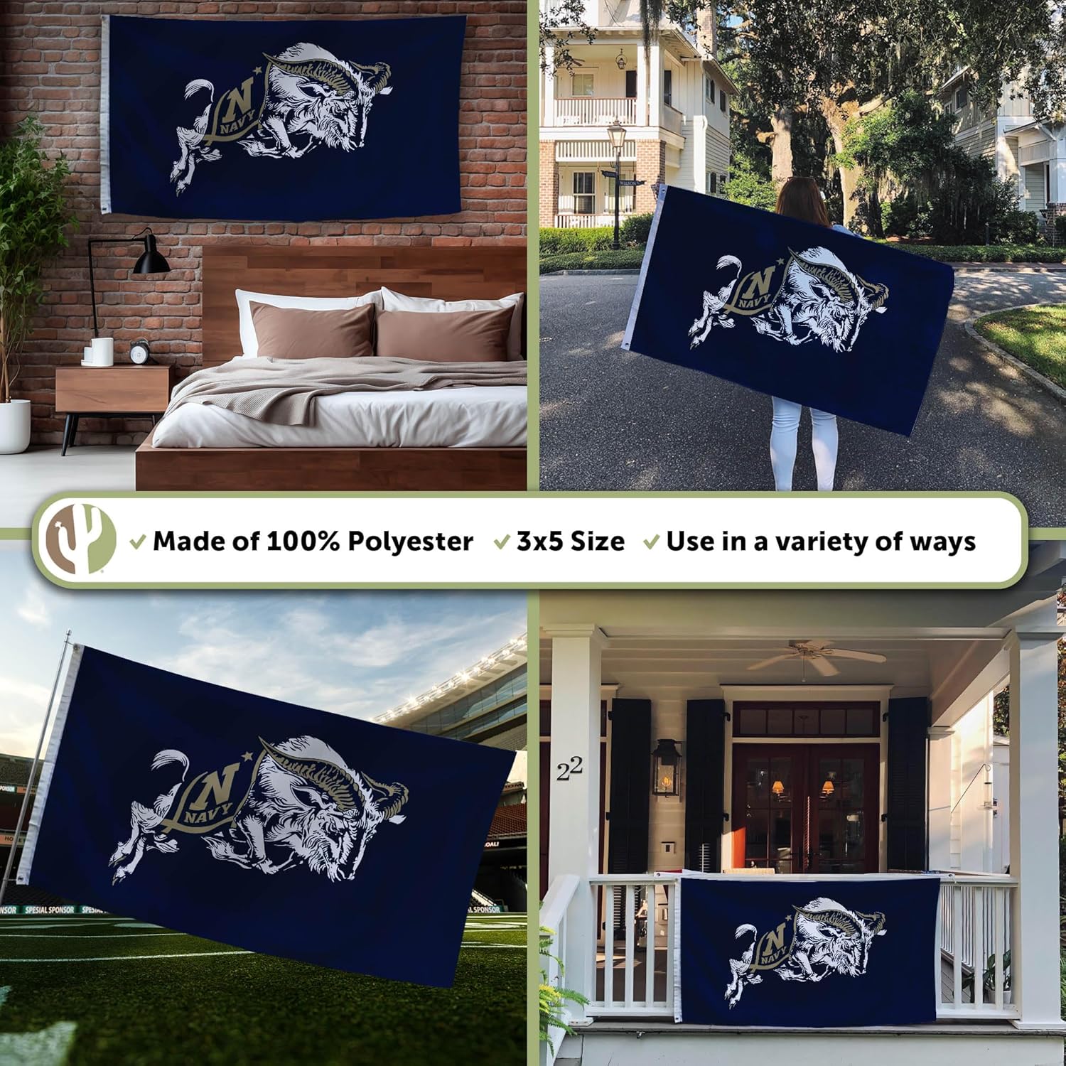Desert Cactus United States Naval Academy USNA Flag - 3 x 5 Feet Midshipmen Banner, Indoor/Outdoor Durable Fabric, 100% Polyester Design (Style 1a) - Image 3