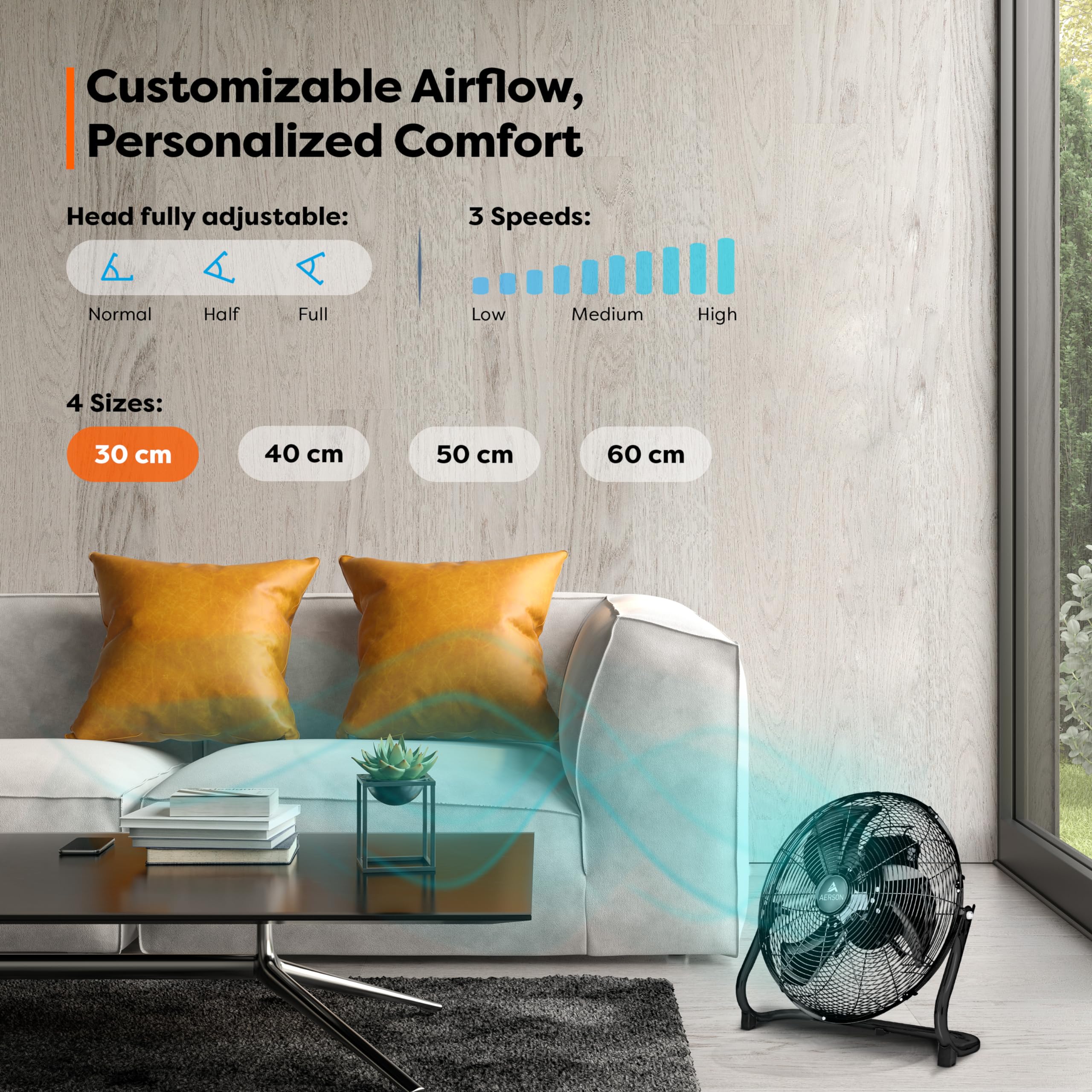 TRESKO AERSON Ventilatore da pavimento 30 cm, con 3 livelli di potenza, ventilatore 45W, alto flusso d'aria, struttura robusta in metallo, angolo di inclinazione ca. 110 gradi