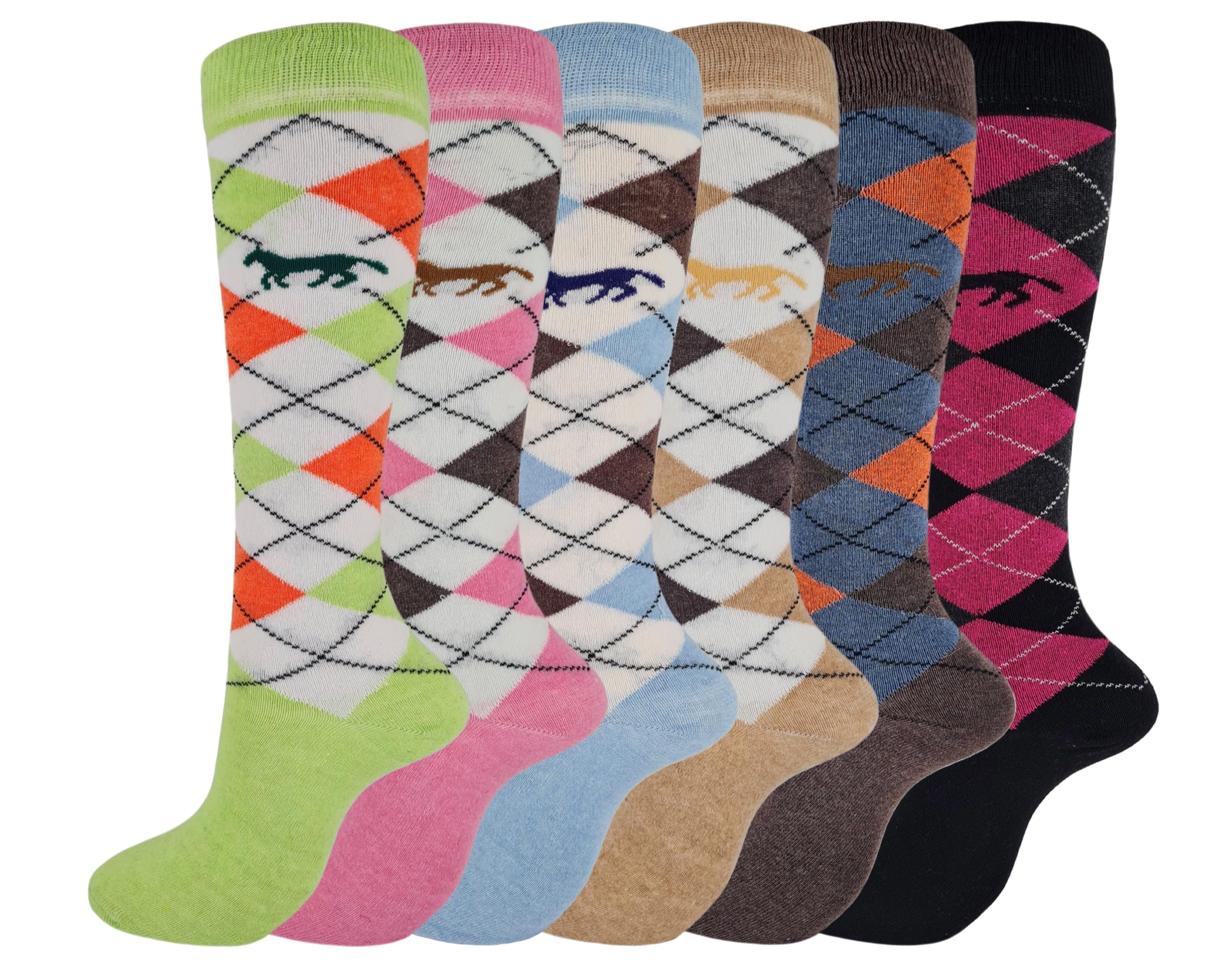 6 Pairs Women's Ladies knee High Socks Horse Design Argyle Rich Cotton Equestrian Riding Boot Uk Size 4-7