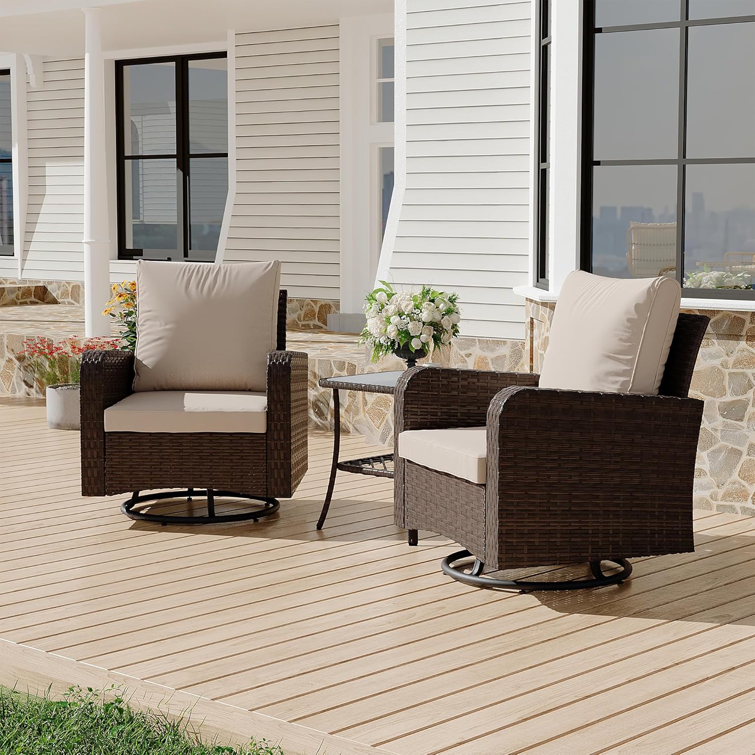 HOMREST 3 Piece Swivel Patio Chairs Wicker Set - All Weather Outdoor Patio Bistro Set with Side Table, Small Patio Furniture Set for Balcony Porch Deck Backyard, Khaki