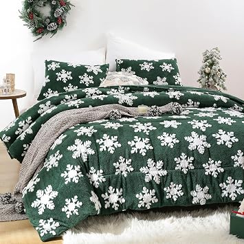 JANZAA Christmas Bedding Full Size Comforter Sets Velvet Emerald Comforter Set with White Snowflake Stereoscopic 3 Pieces Full Size Bedding Sets Soft and Fluffy