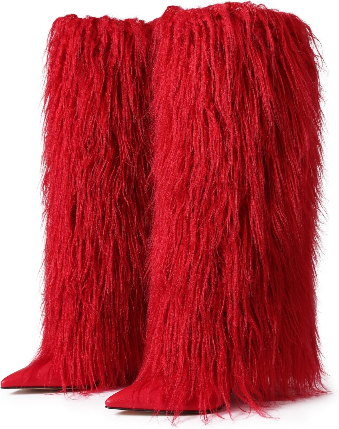 Kalstage Women Fur Knee High Boots Heels Wide Calf Fold Over Tall Boots for Party Evening Fashion Shows