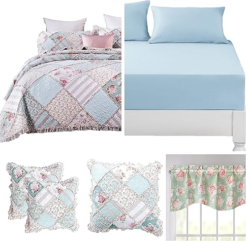 Miniatura 4 de DaDalogy Bedding - Juego de cama de 11 piezas en una bolsa, colcha de retazos de algodón azul pastel con toque de menta, sábana bajera con fundas de