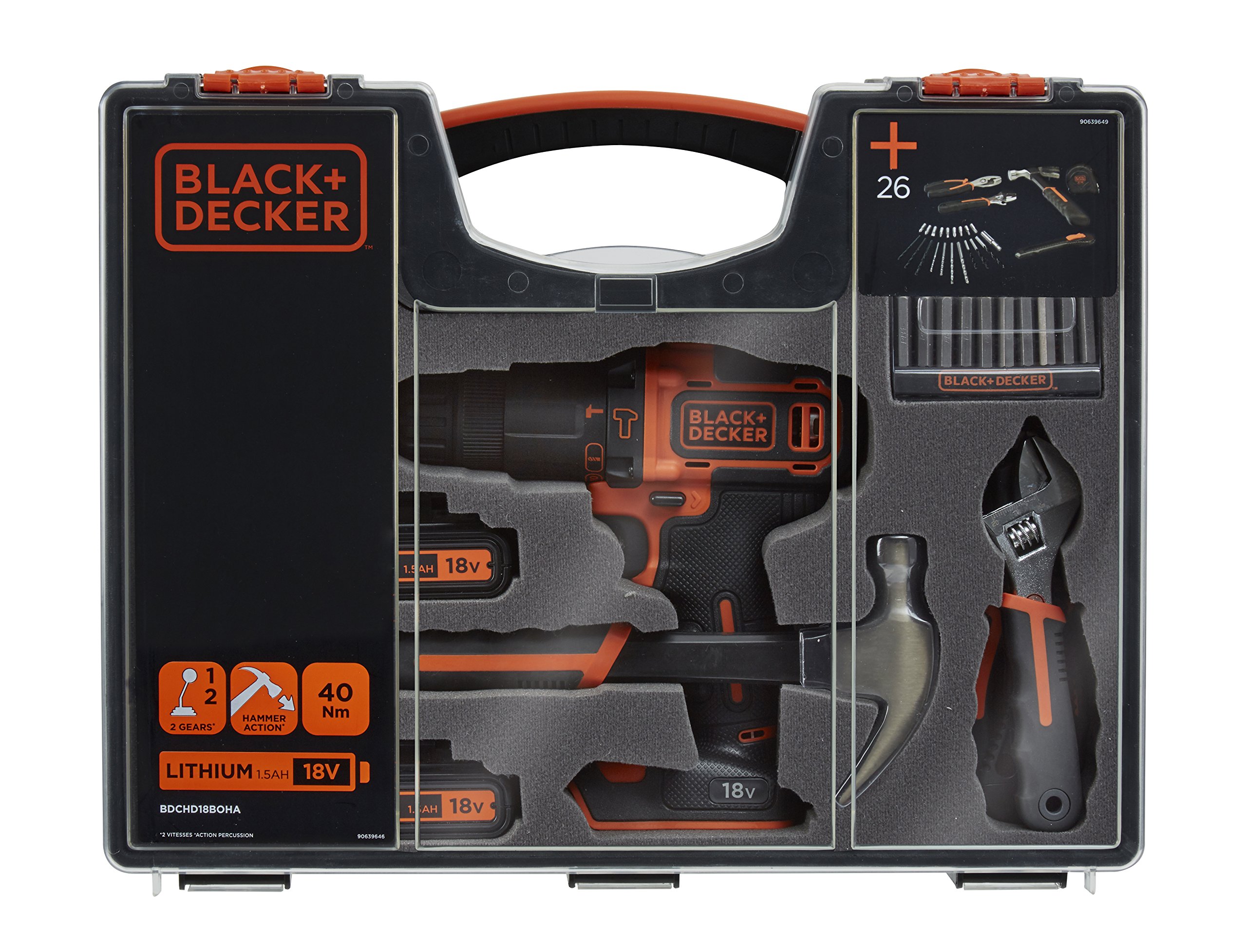BLACK+DECKER BDCHD18BOHA-QW Trapano Avvitatore a Percussione, con Doppia Batteria al Litio, 18 V, 1.5 Ah + Accessori ed Utensili Manuali, Arancione/Nero