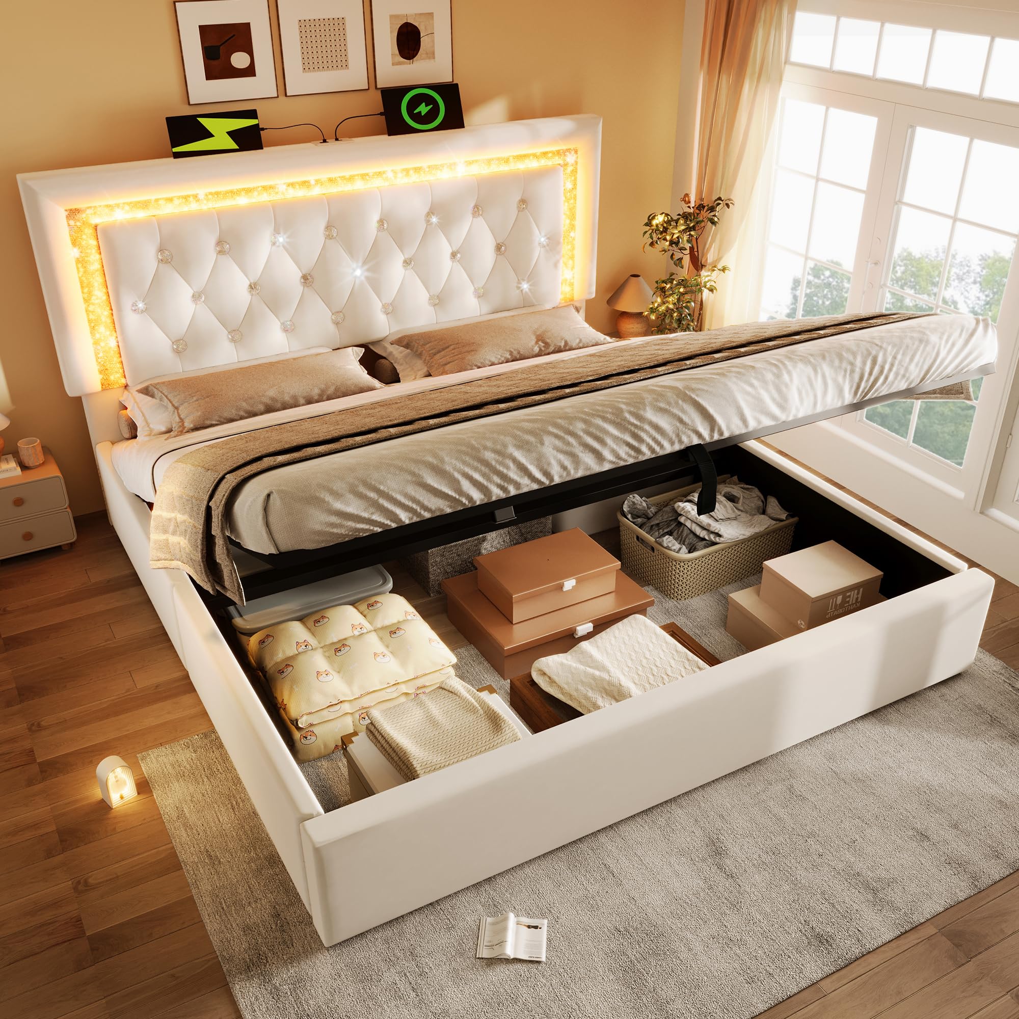 Lubvtti Cama acolchada con LED, estación de carga USB y tipo C, cama de matrimonio con contenedor hidráulico, estructura de cama con somier de láminas, terciopelo (beige, 160 x 200 cm)