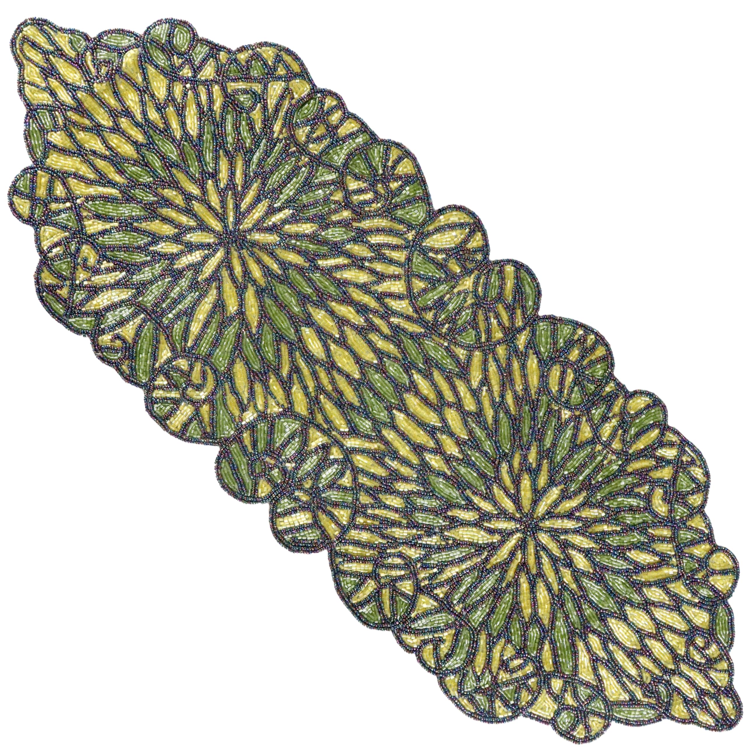 CLEENTABLE Elegante camino de mesa con cuentas, color verde exuberante, 36 x 13 pulgadas, diseño intrincado de follaje verde múltiple con cuentas de vidrio de primera calidad y respaldo de poliéster