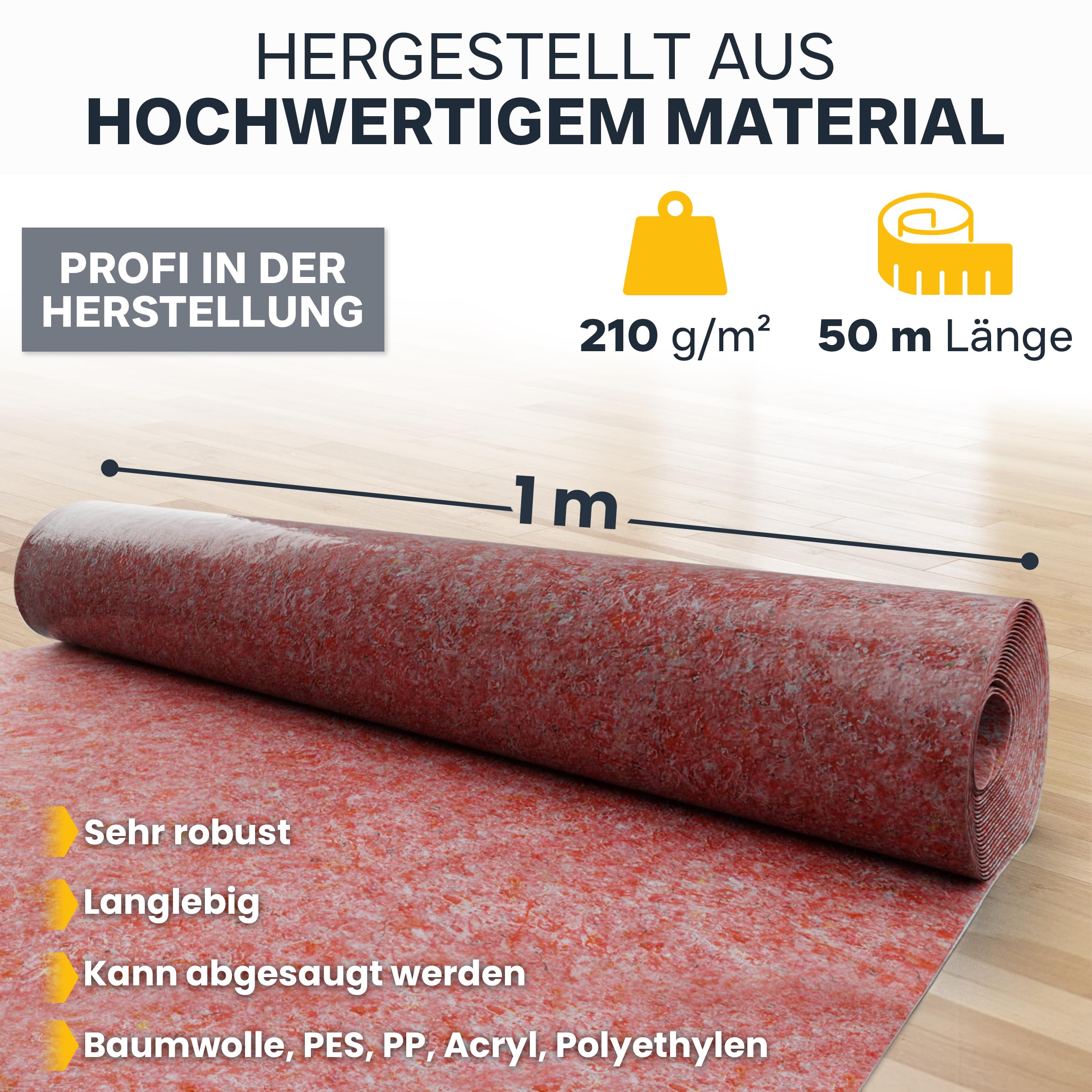 Malervlies 1 x 50 m – 210 g/m² saugstarkes Abdeckvlies in Profiqualität I Renoviervlies/Malerfilz rot I Schutzvlies, Bauvlies, Glattvlies & Anstrichvlies für Malerarbeiten I 50 m² Bodenabdeckung