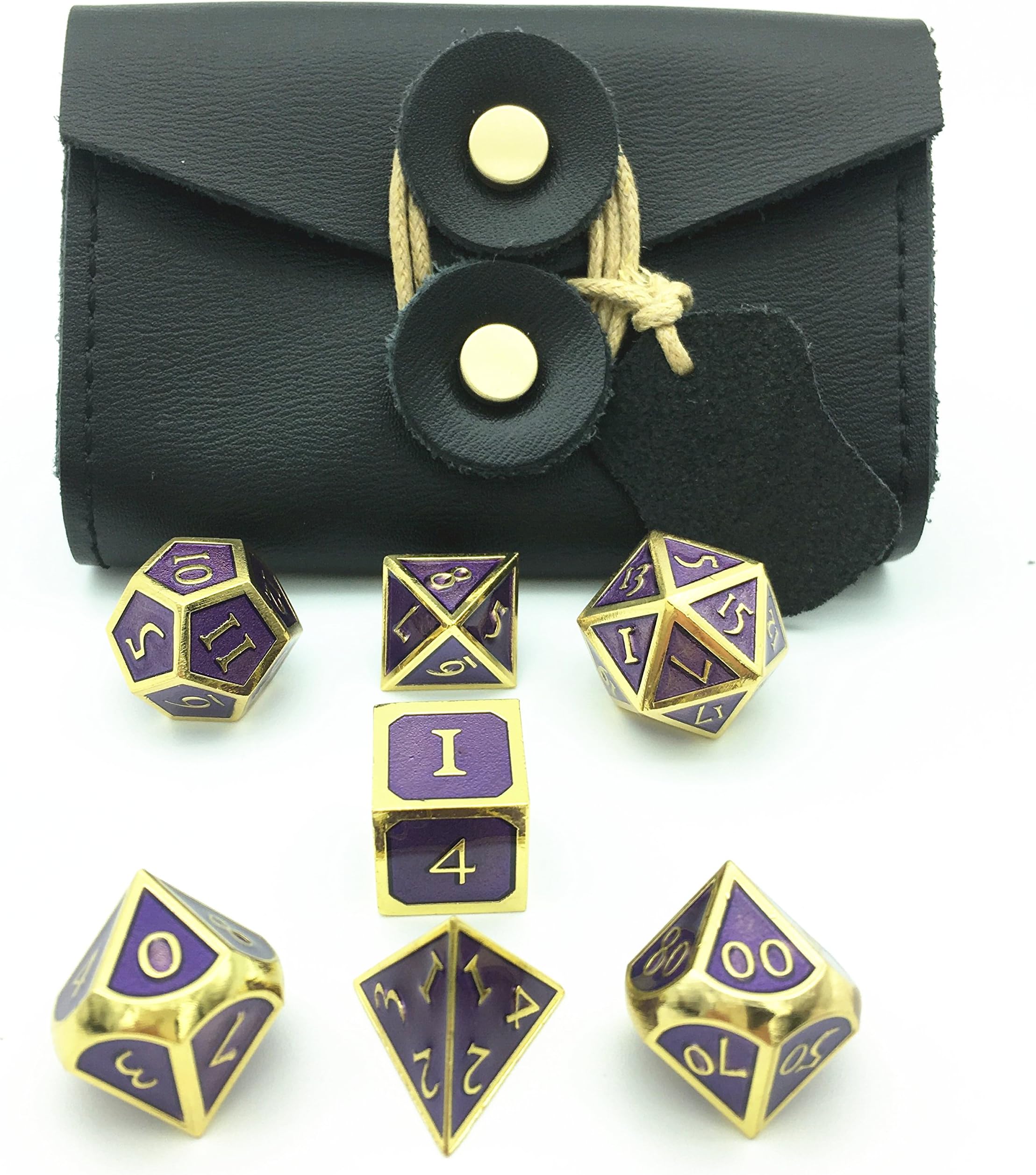 Momostar Metal Polyhedral Dice Set, Delicate Leatherette Box & Cleaning Cloth. Great for RPG, D&D. -Golden & Lavender Background Color.