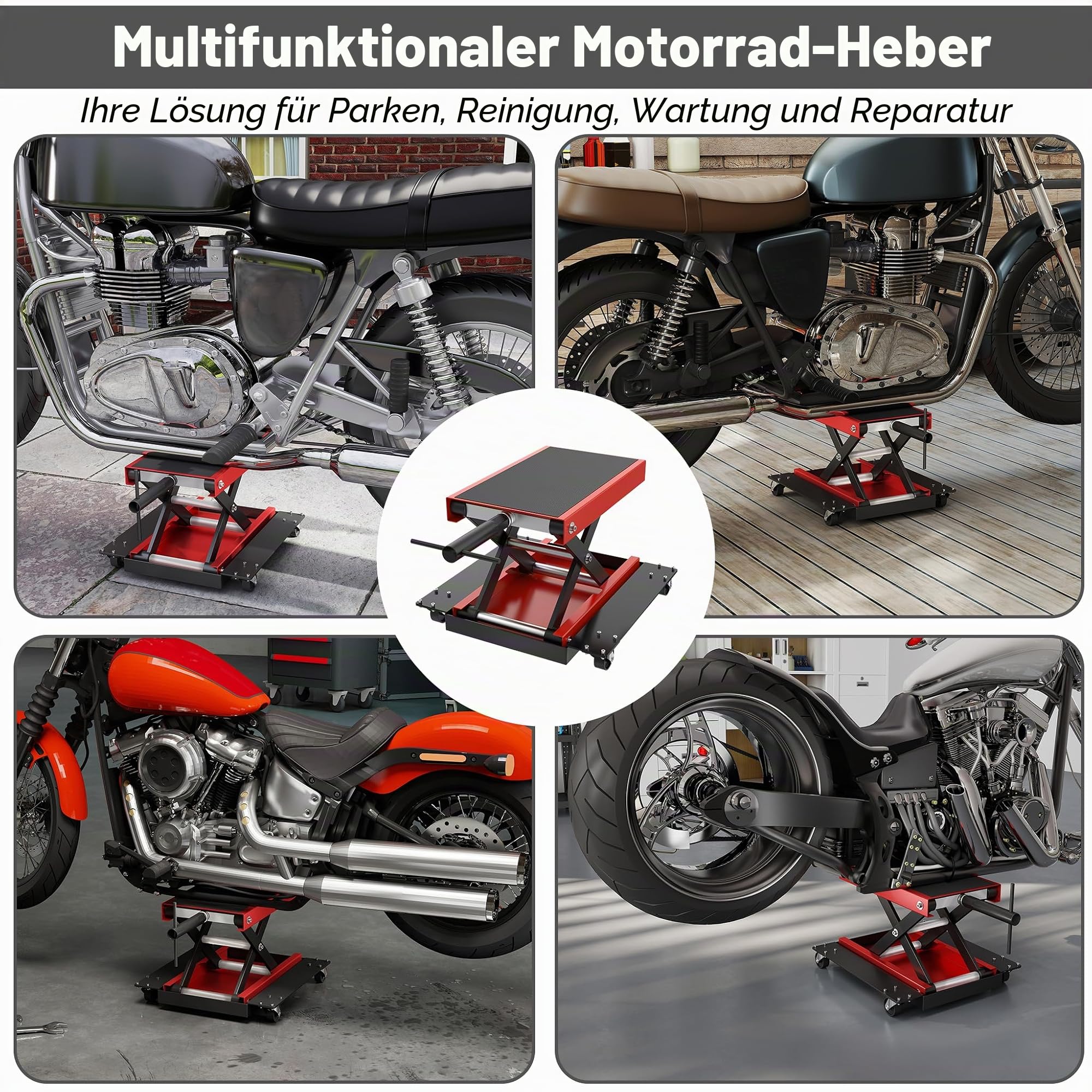 XMTECH Motorradheber mit Bodenplatte 500 kg, Motorradhebebühne höhenverstellbarer Scherenheber 125–375 mm, Motorradlift mit 4 Rollen für Reparatur und Wartung, extra stabil & hochbelastbar