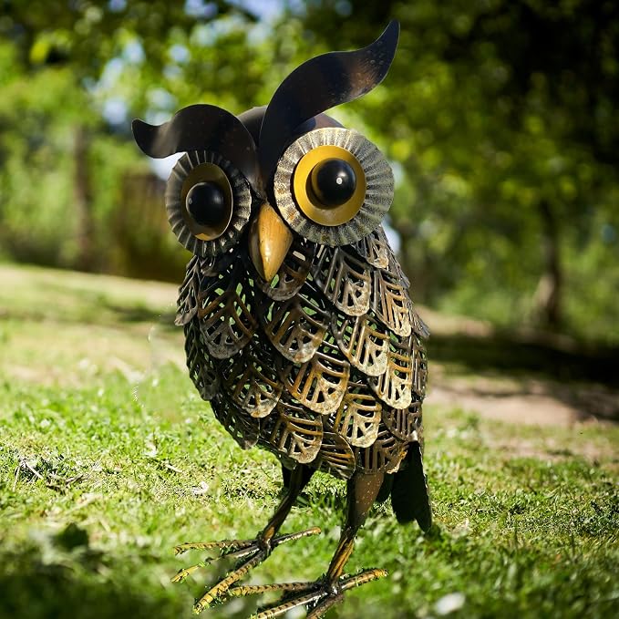 Amazon.com: Shorayn Garden Statue Metal Owl Yard Art Outdoor Decor with ...