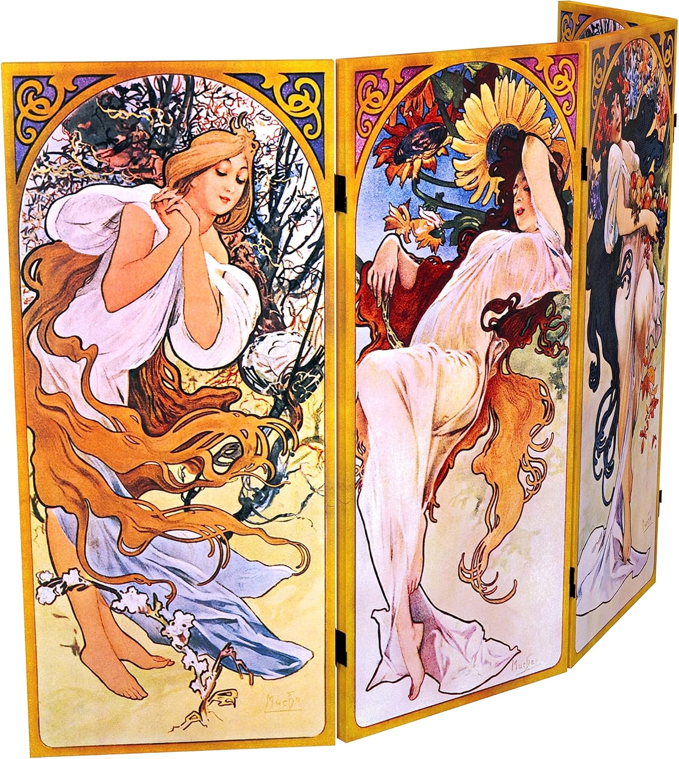 Red Lantern 3 ft. Short Double Sided Four Seasons Canvas Folding Screen 4 Panel Freestanding Partition and Separator for Modern and Contemporary Bedroom, Home Office, Studio, Dorm, Apartment
