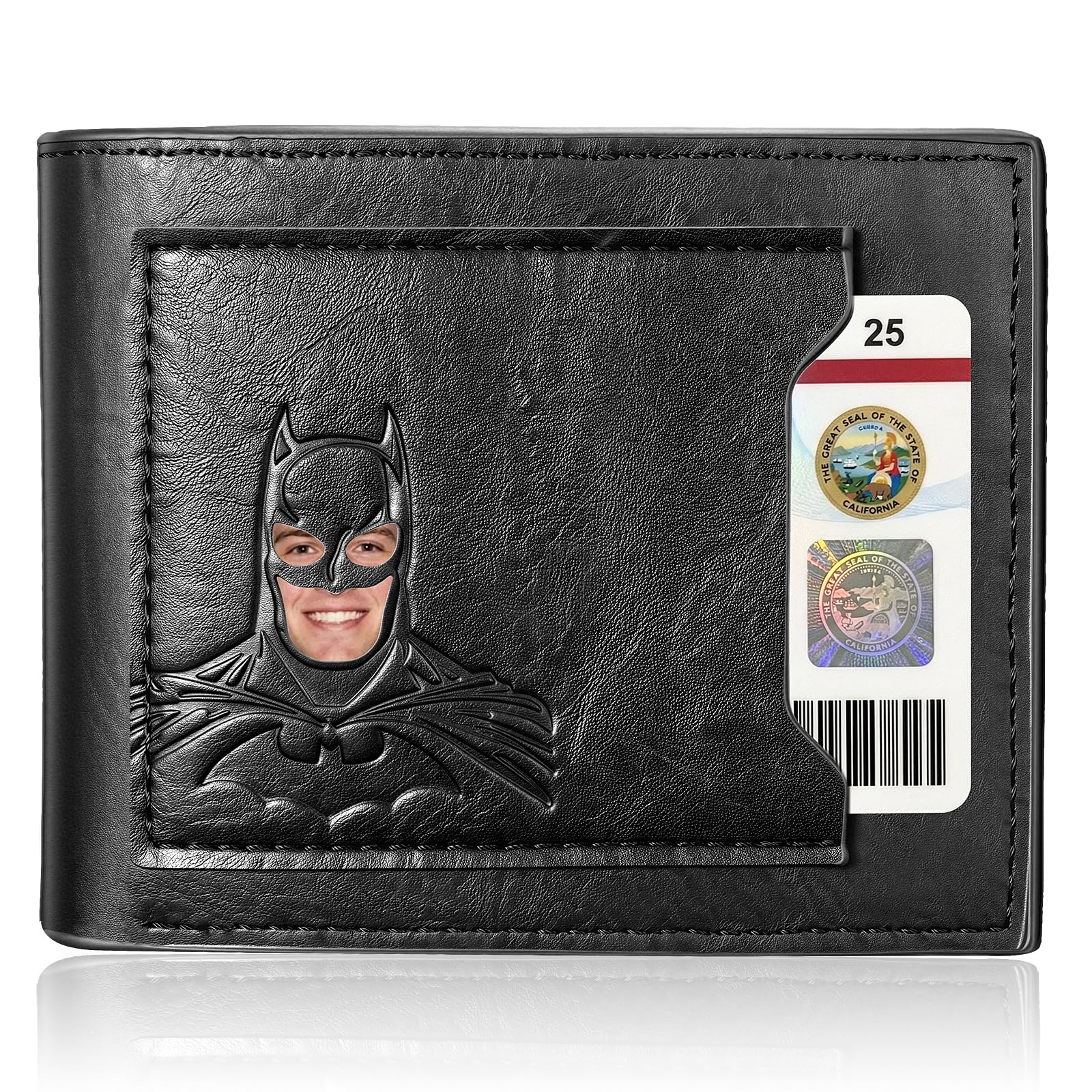 Leather Bat Wallet for Men Valentines day gift for him Personalized Gift for Husband Unique Birthday Holiday Gifts Best for Anniversary | Hero ID with 3D Metalic Superhero Mask (Bifold)
