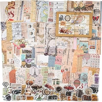 Knaid 200 Pieces Vintage Ephemera Pack Decoupage Paper Junk Journal Kit Scrapbook Planner Sticker Supplies for Art Journaling Bullet Journals Collage Notebooks Album Crafter Gifts World Memory