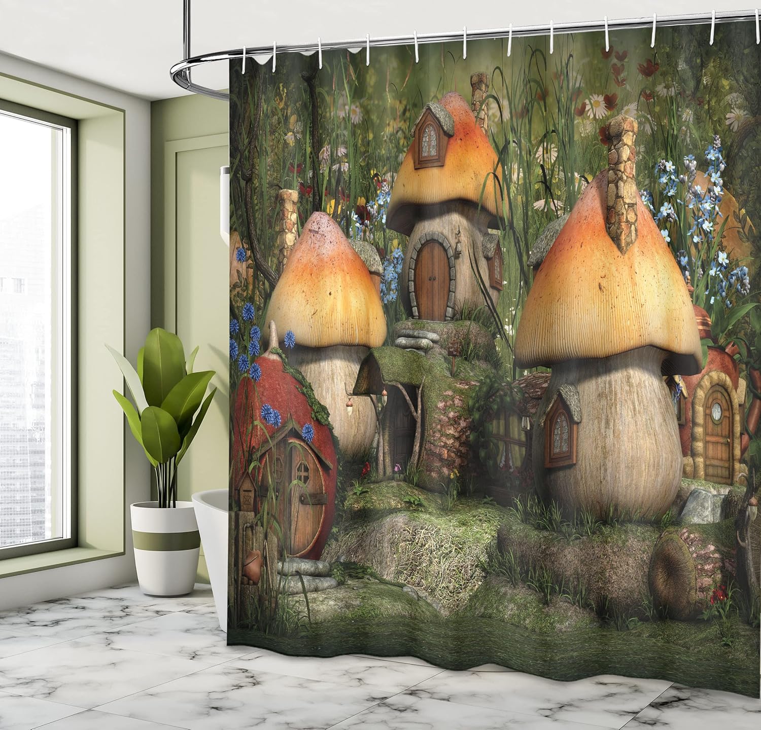 Ambesonne Nature Shower Curtain, Mushroom Houses in Forest Fantasy Wonderland Dwarf Theme, Cloth Fabric Bathroom Decor Set with Hooks, 69" W x 84" L, Taupe