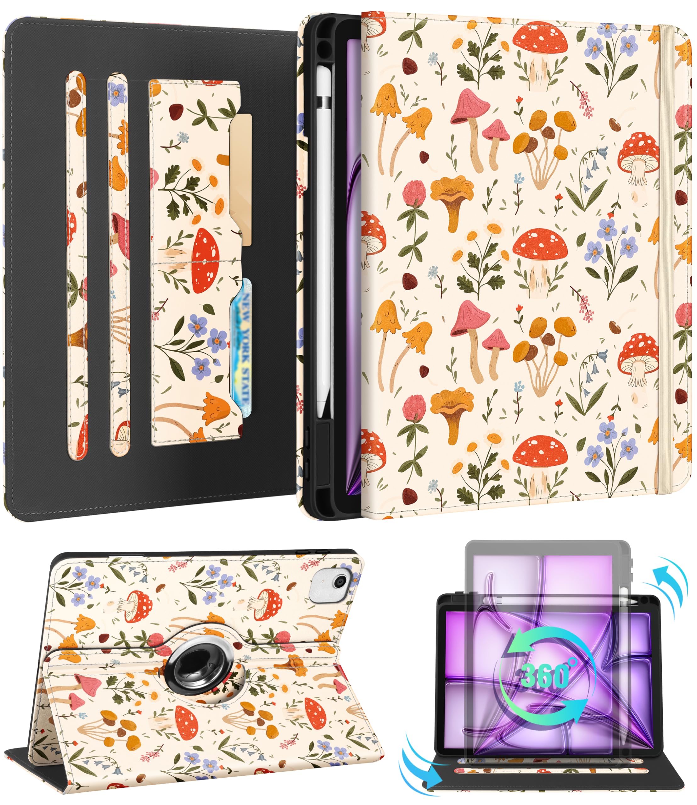 Kidcube for iPad Air 13 Inch Case (M3/M2)/for iPad Pro 12.9 Cases 6th/5th (2022/2021) - Women Girls Cute Rotating Stand Folio Cover with Pencil Holder
