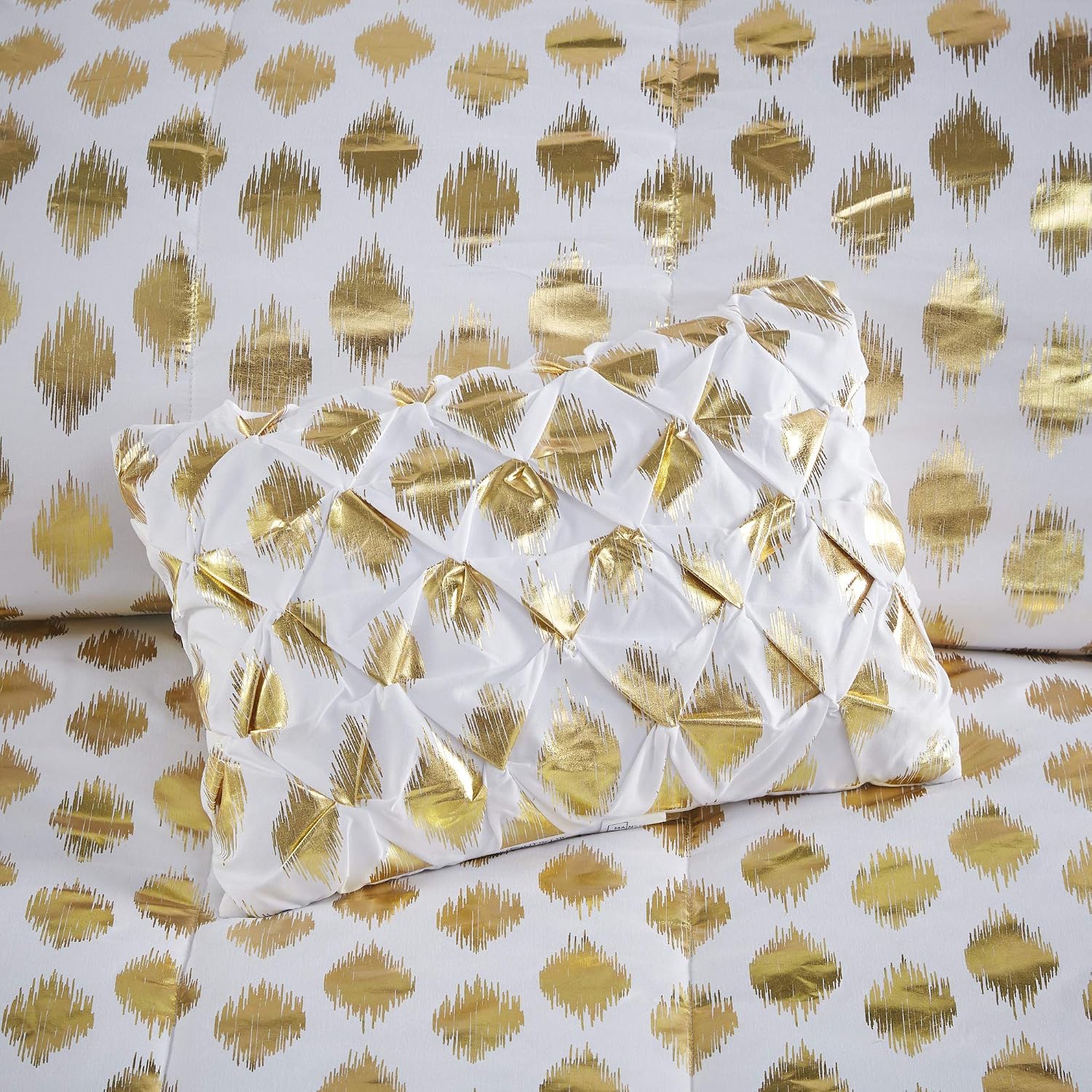 Comfort Spaces Anna 6 Piece Bag Comforter Ikat Dot Metallic Print, Quilting Design, Toss Pillow All Season Bedding, Matching Sham, Complete Sheet Set, Twin XL, Gold