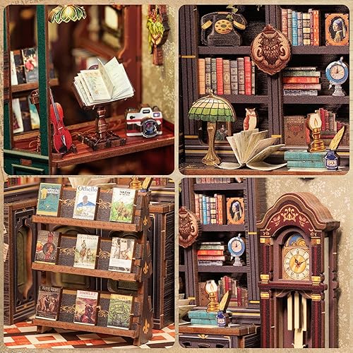 Miniatura 5 de Fsolis Kit de rincón de libros, kit de casa en miniatura de escena de bricolaje, casa pequeña, decoración de estantería artesanal, rompecabezas 3D