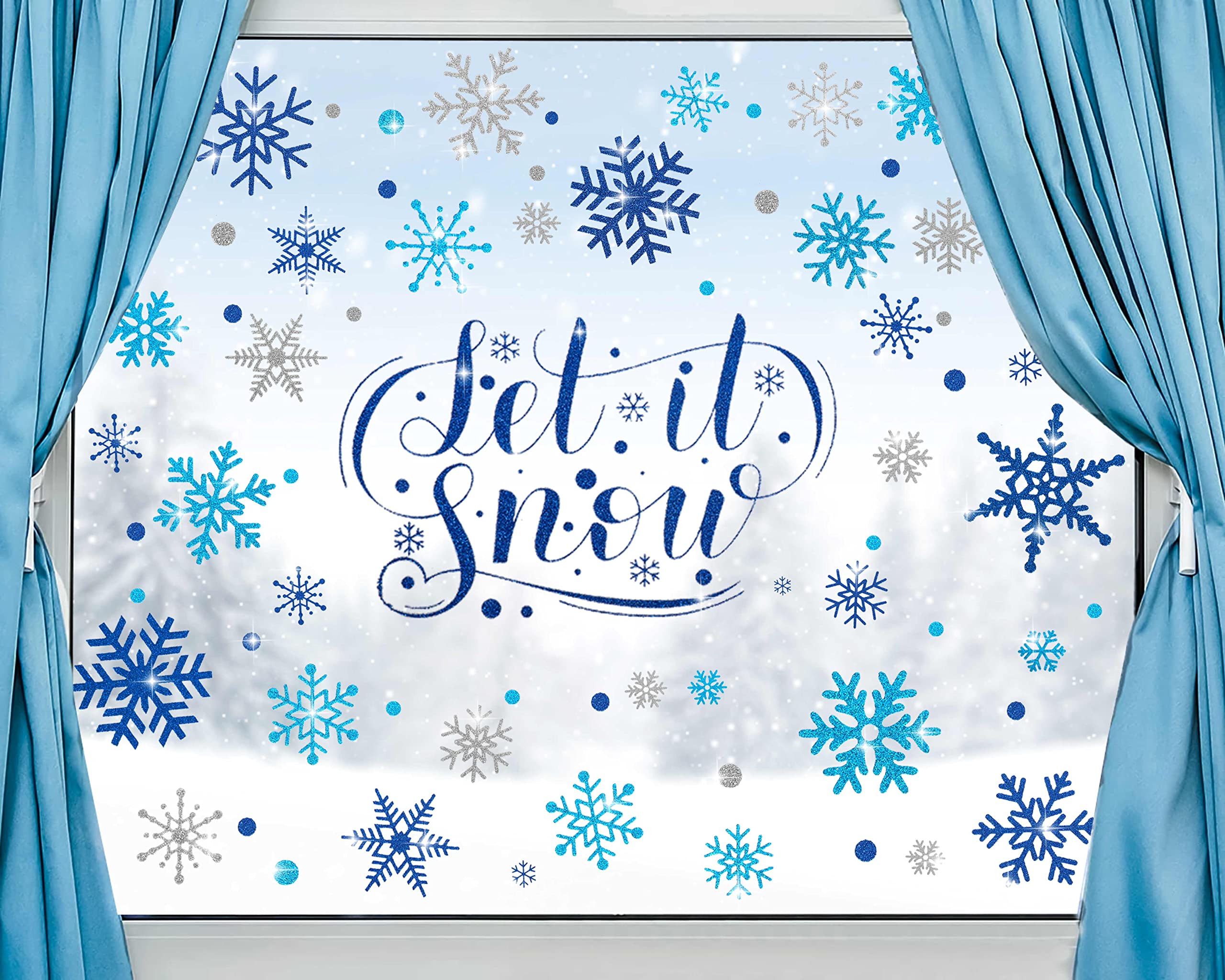 Autocollants de Noël pour fenêtre sans colle flocon de neige réutilisable bleu argent