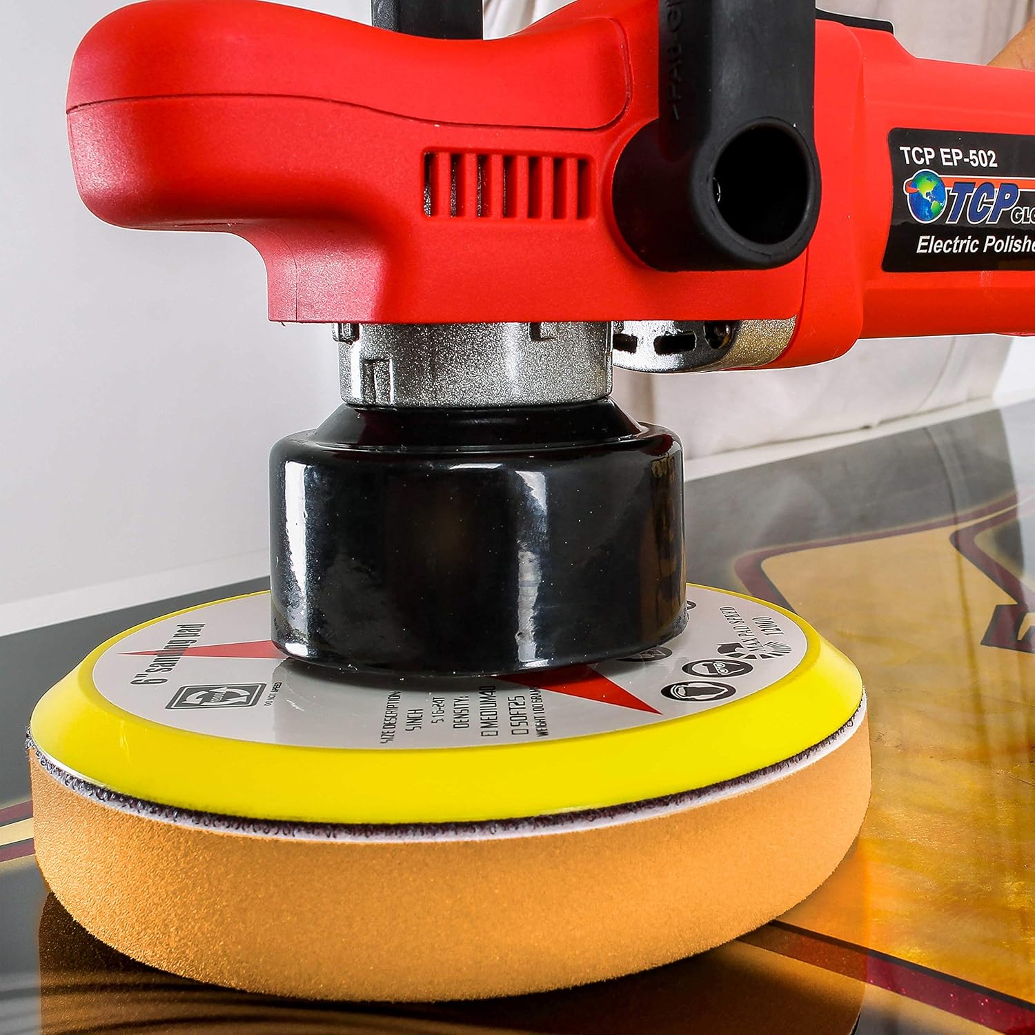 TCP Global 6.7" Orange Flat Medium Cut DA Grip Foam Polish Pad - Hook & Loop Buffer Pads - Car Buffing Pads for Paint Correction, Detailing