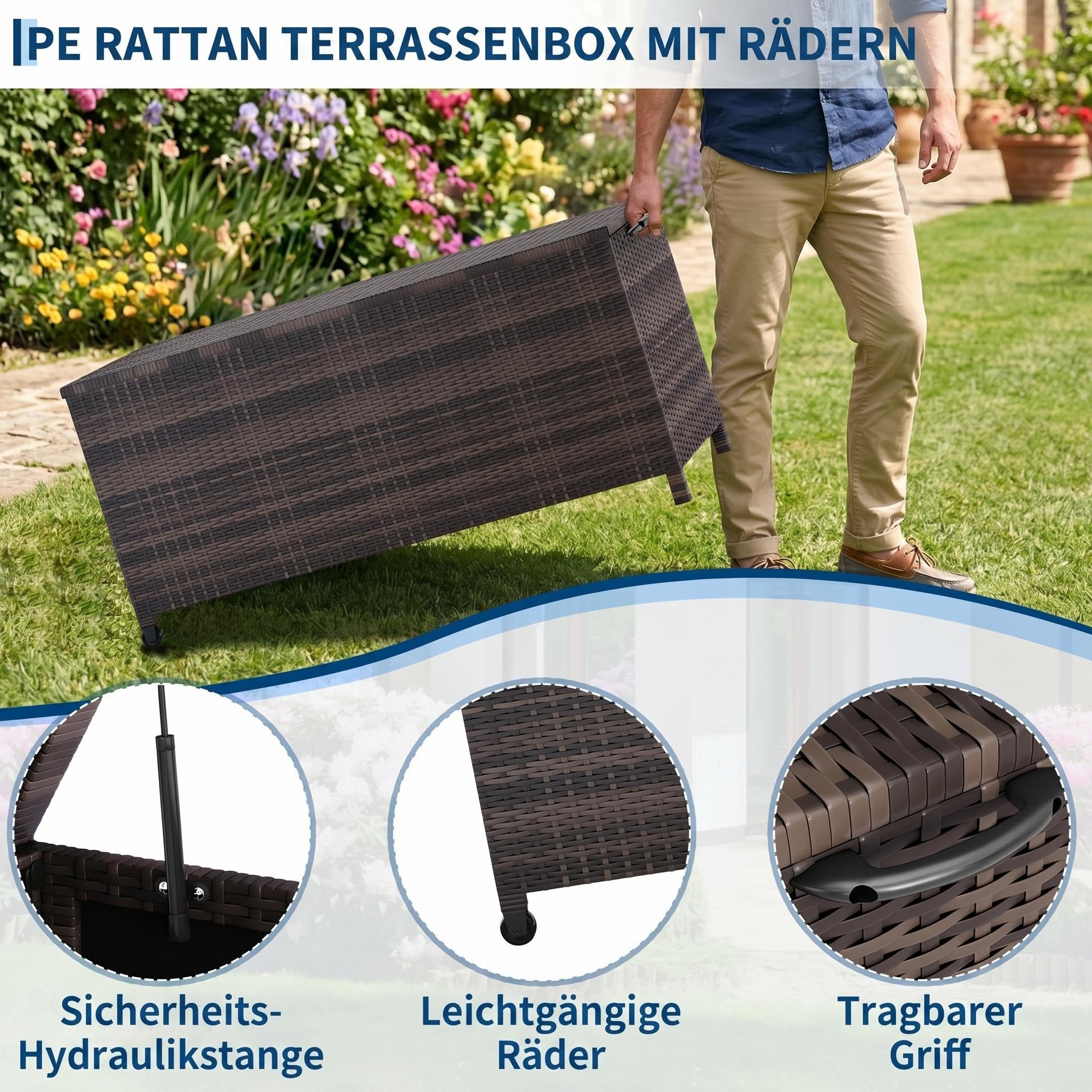 Litake 480L Aufbewahrungsbox für den Außenbereich, Große Terrassenbox Polyrattan Gartenbox wetterfest mit Deckel& Zwei Radern, Leicht Bewegen, Kissenbox für Garten/Balkon, 132x 55.5 x 64 cm,Braun
