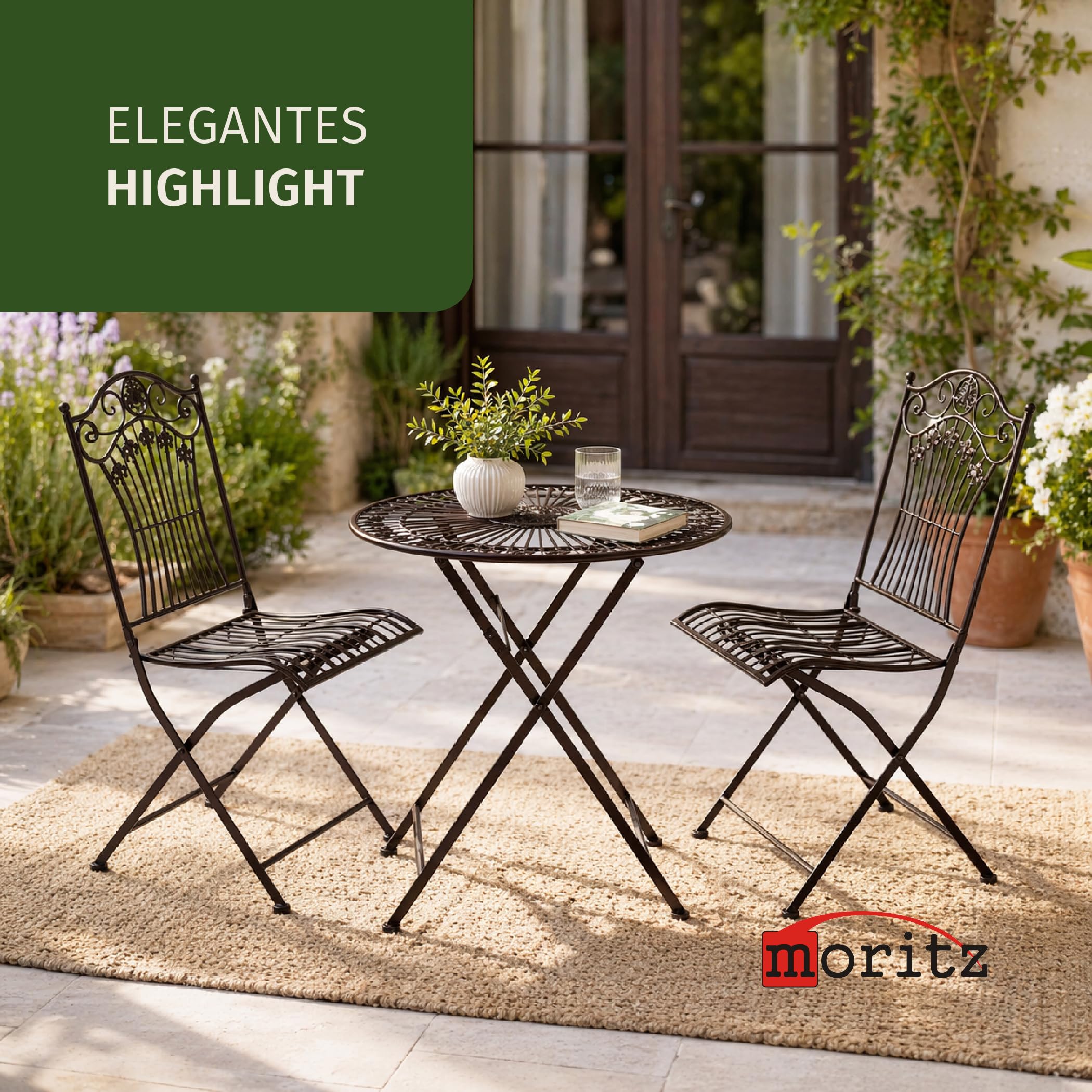 Moritz Bistroset 3-teilig klappbar Antik Braun - Metall Gartenmöbel Set - Klapptisch Ø 69,5 cm mit 2 Klappstühlen - Vintage Bistrogarnitur - Balkon Terrasse Garten Sitzgruppe nostalgisch