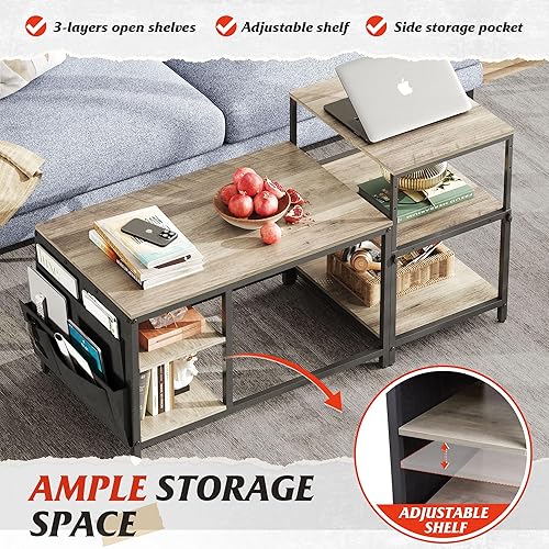 Miniatura 4 de WLIVE Mesa auxiliar para sala de estar, juego de 2 mesas auxiliares ajustables con mesa auxiliar, pequeña mesa de centro industrial con mesa