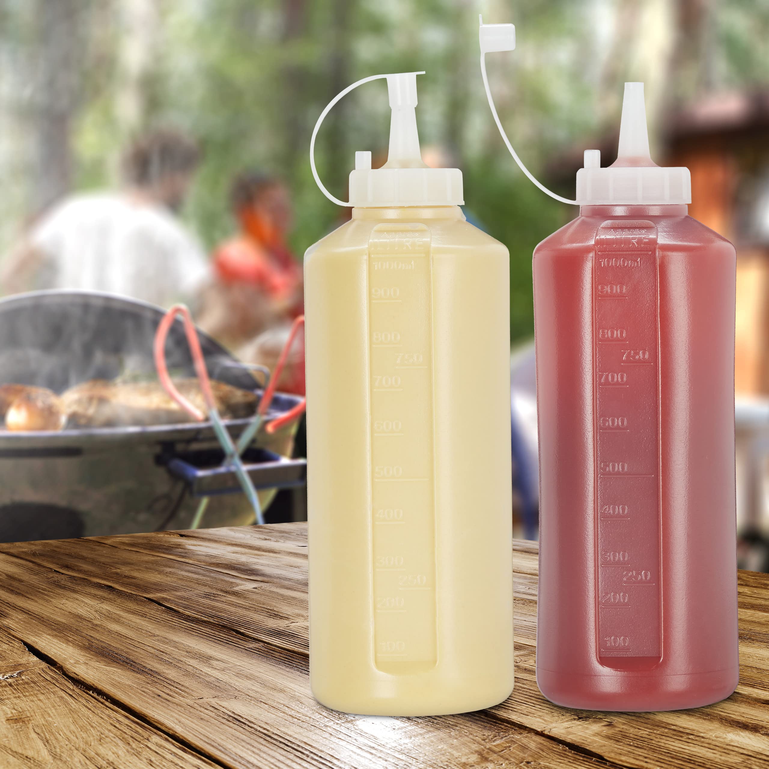 Relaxdays butelka do wyciskania sosów 1000ml, dozownik, dyspenser, 4szt., plastikowy pojemnik na sos, przezroczysty mat