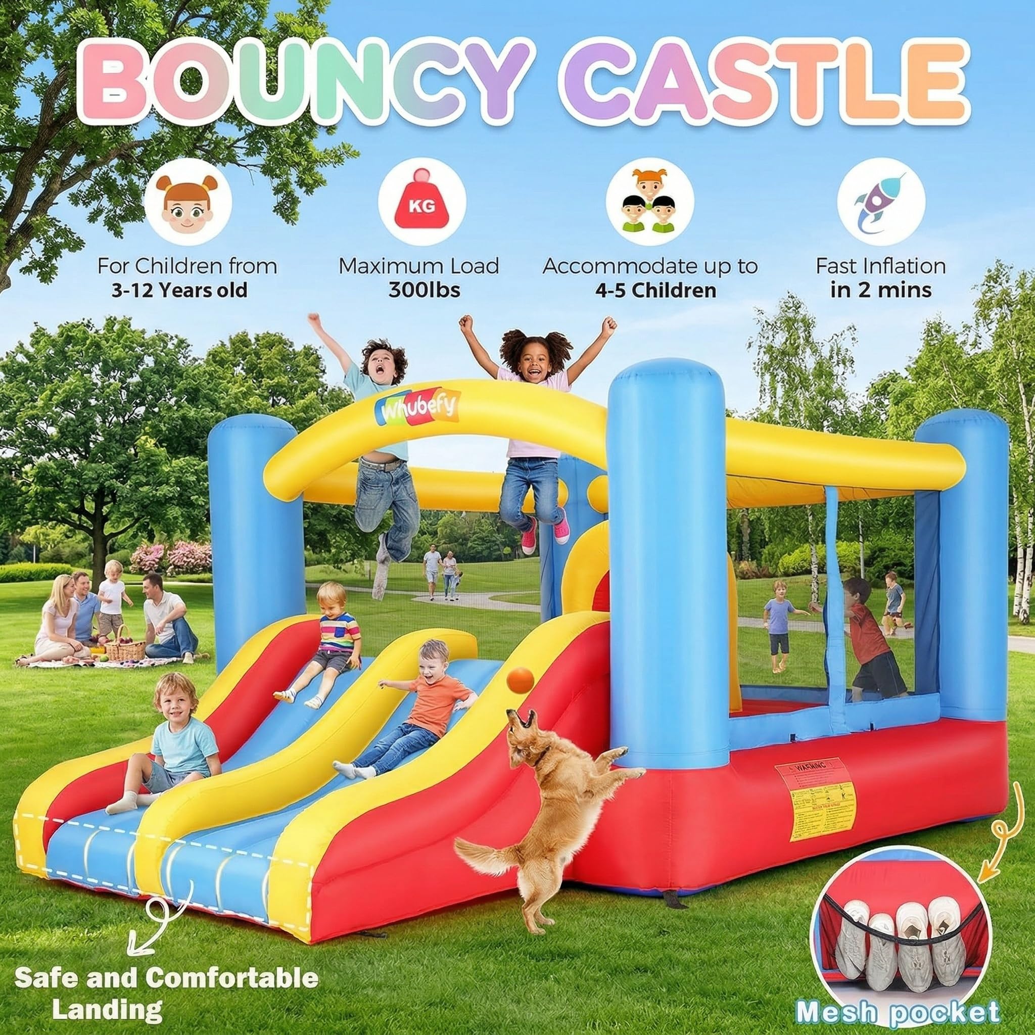 Hüpfburg für Kinder 3-6 & 8-12 Große Kinder, 384x274cm Aufblasbare Hüpfschloss mit Gebläse Doppelrutsche Hindernisparcours, Indoor Outdoor Springburg Spielhaus für Party Geschenk(Kriechtunnel)