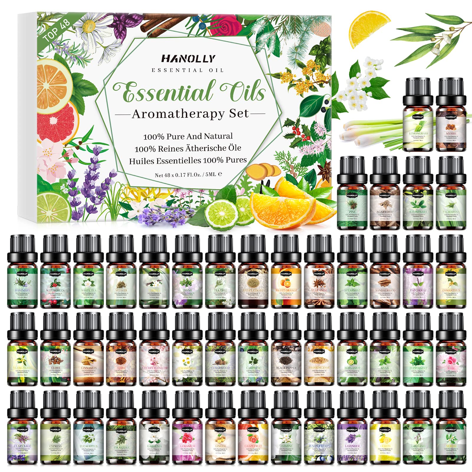 Huile Essentielle TOP 48 x 5ML, Huiles Essentielles Naturelle Pour Diffuseur, Massage, DIY Bougie - Lavande, Menthe, Eucalyptus, Orange Douce, Coco, Tea Tree, Citron, Cannelle, Rose, etc.