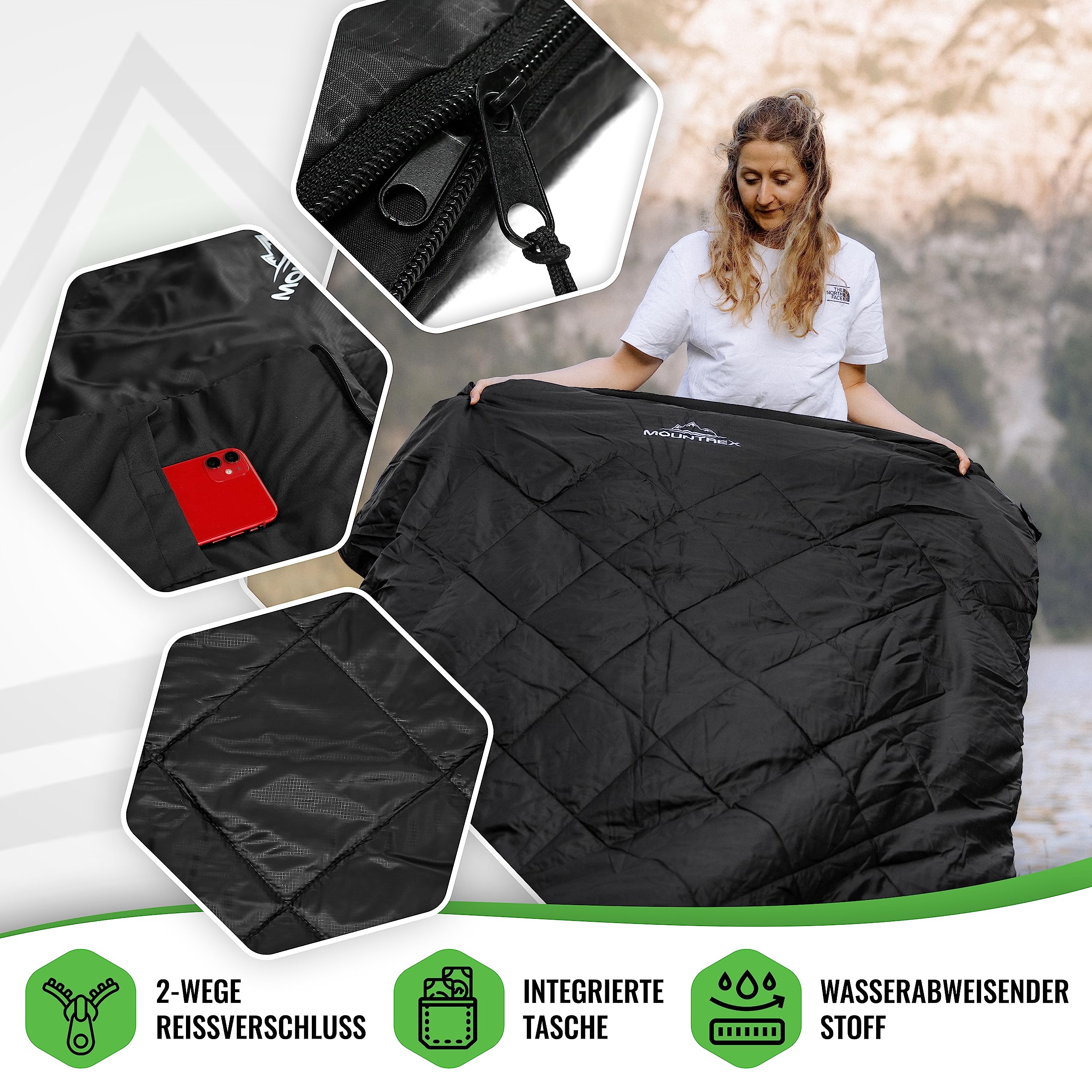 MOUNTREX Saco de dormir doble de verano para 2 personas (210 x 150 cm), saco de dormir XXL de verano con 2 almohadas para adultos, camping, exterior e interior