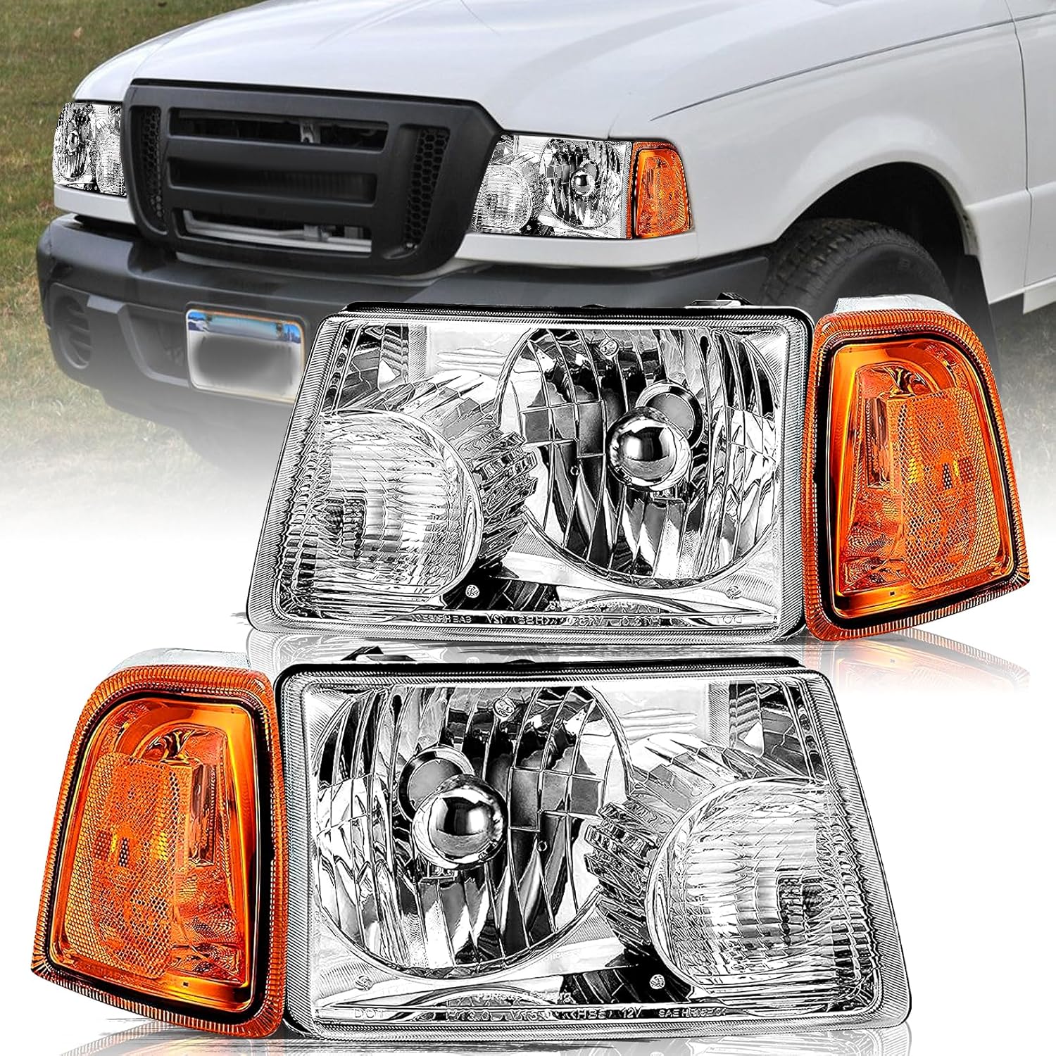 Aosky Headlight Assembly Set for 2001–2011 Ford Ranger (4-piece Clear Lens Chrome Housing)