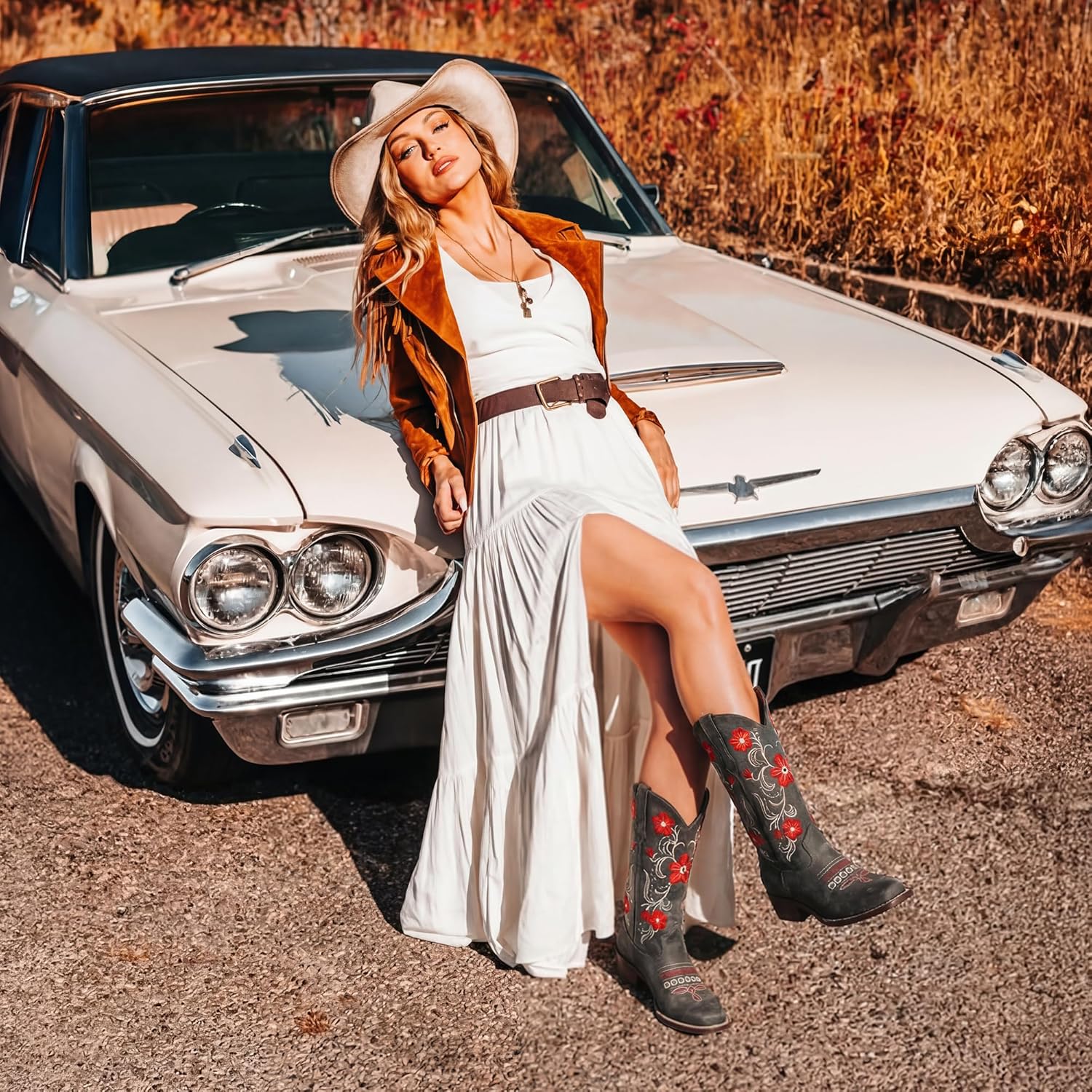 Cowboy Boots for Women Square Toe Cowgirl Boots Chunky Heel Mid Calf Sunflower Embroidered Western Pull On Comfortable Retro Stylish Riding Boots