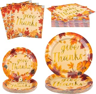 durony 98 Pieces Thanksgiving Paper Plates and Napkins Disposable Dinnerware Set for 24 Guests Give Thanks Theme Party Supplies Autumn Tableware for Fall Thanksgiving Party Decorations