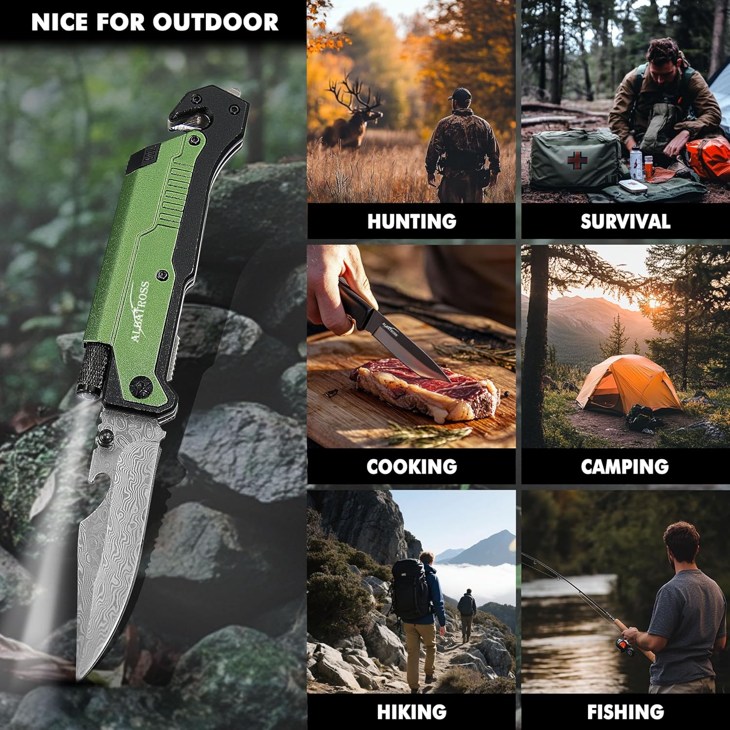Father's Day, Mother’s Day, Birthday Gift for Him/Her: ALBATROSS 7-in-One Multi-Tool Pocket Knife for Men Women with LED Flashlight, Fire Starter & Glass Breaker, 3.5" Damascus Folding Survival Knife for Camping & Outdoor Emergencies