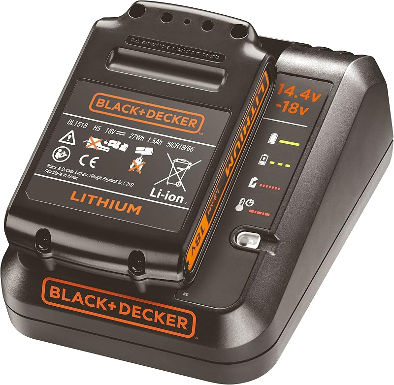 Black & Decker BDC1A15 Arrancador, cargador de 1 A, 18 V, batería de iones de litio de 1,5 Ah, para el sistema de 18 V, compatible con el de 14,4 V