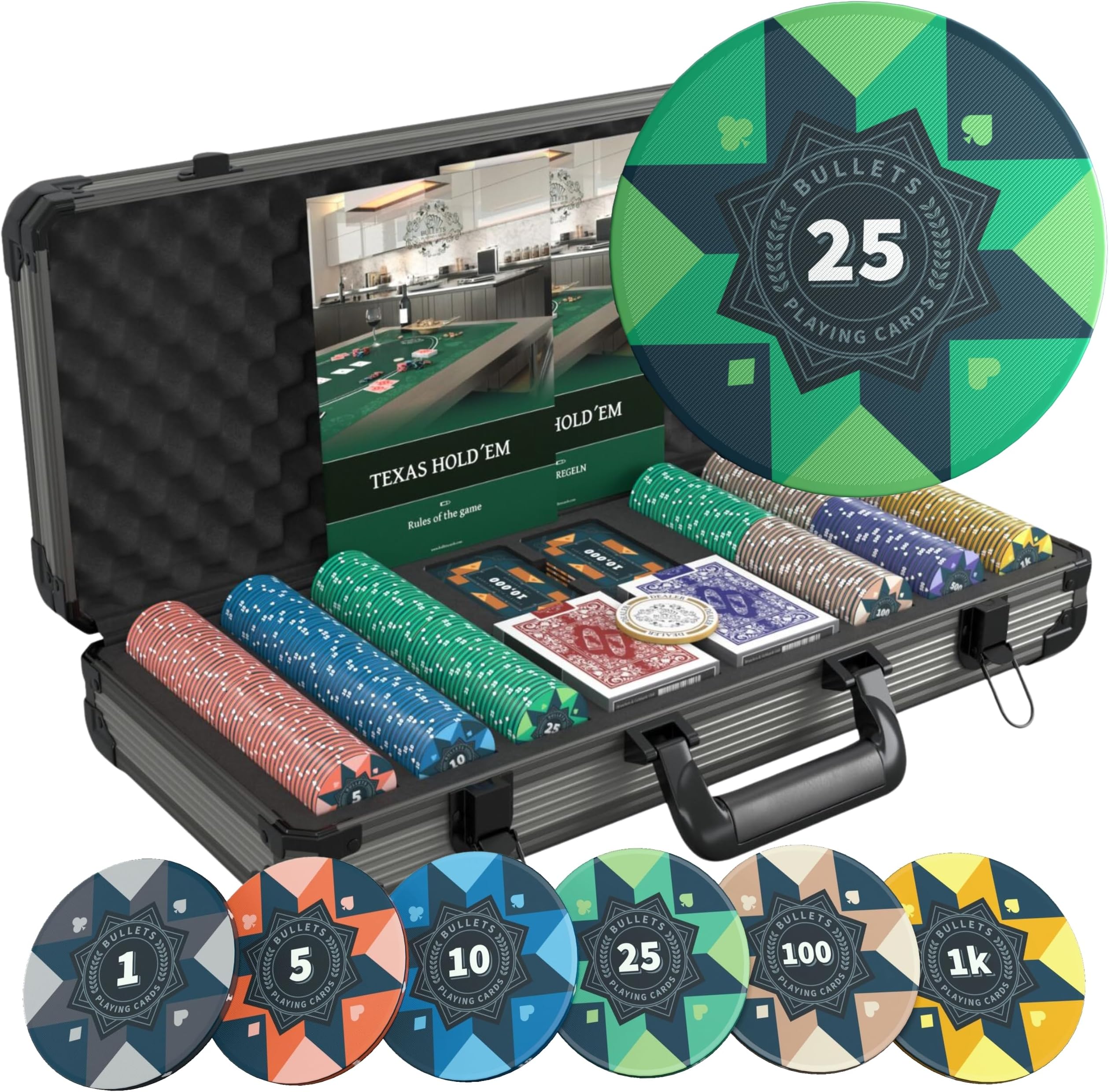 Bullets Playing Cards | Professional Poker Set Paulie | 300 Ceramic Poker Chips (10 g) + Ceramic Plaques with Premium Case – Casino Poker Set for Texas Hold’em