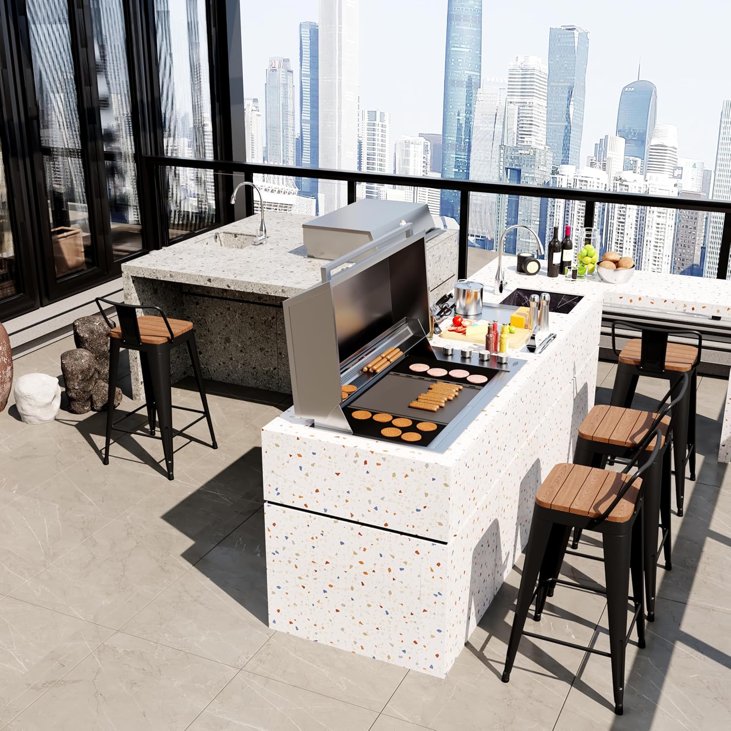 Outdoor Patio Bar Stools Set of 4 with Back,Arlunar Counter Height Industrial Metal Barstools with Removable Back 26" Kitchen Wooden Seat