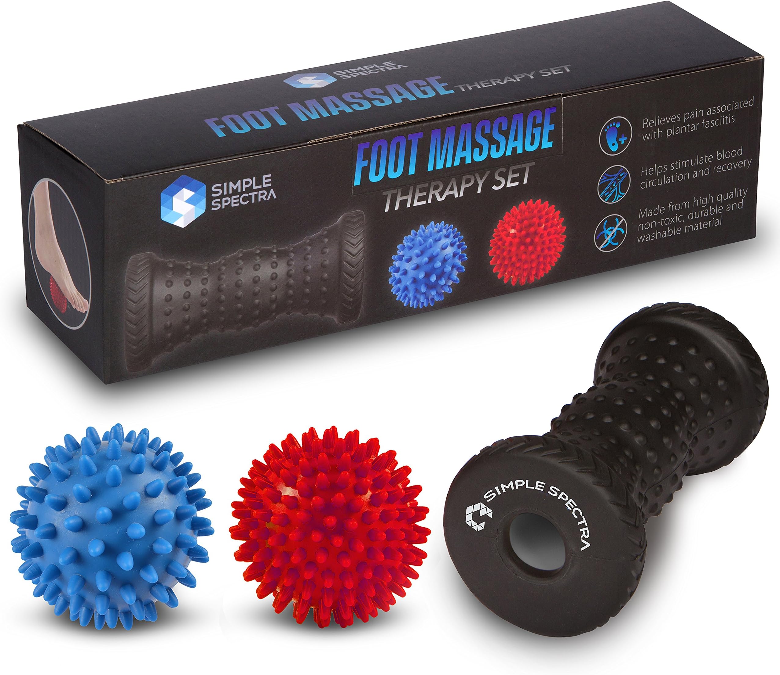 Foot Massager Roller & Spiky Ball Therapy Set - Massage Tool for Muscle Pain Relief from Plantar Fasciitis | Best for Trigger Point Release, Acupressure Reflexology with eBook Guide