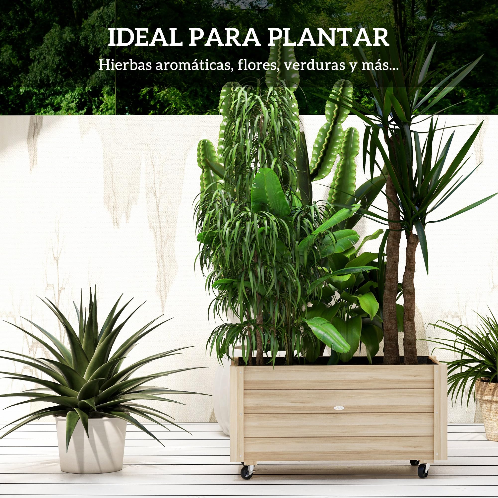 Outsunny Jardinera de Madera con Ruedas Huerto Urbano Madera Jardinera Rectangular con Orificios de Drenaje y Tela no Tejida para Cultivo Flores Plantas en Jardín Balcón Terraza 89x48x47 cm Natural