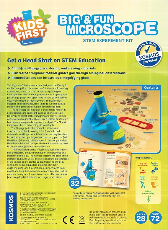 Kids First Big & Fun Microscope Science Experiment Kit | Easy-to-Use Kids Microscope | Ages 4-6 | STEM Experiment Guide -Color User Manual | 72 Images | Extra-Wide Eyepiec with Light-up Stage