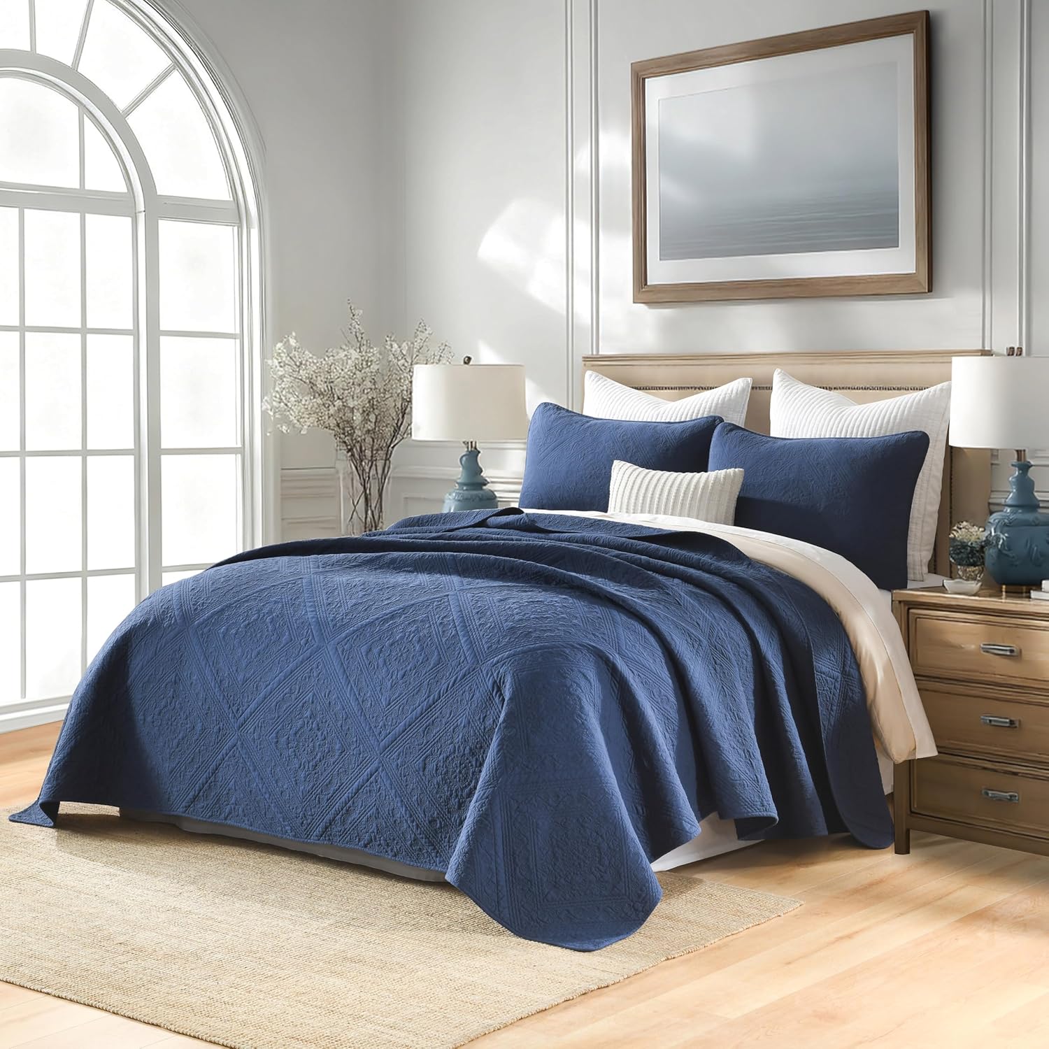 Navy Blue Bedding，Cotton Queen Size Comforter Set，Farmhouse Printed Pattern Bedspreads，Soft Cotton Quilt Solid Color Lightweight Bedspread All Seasons 3 Piece